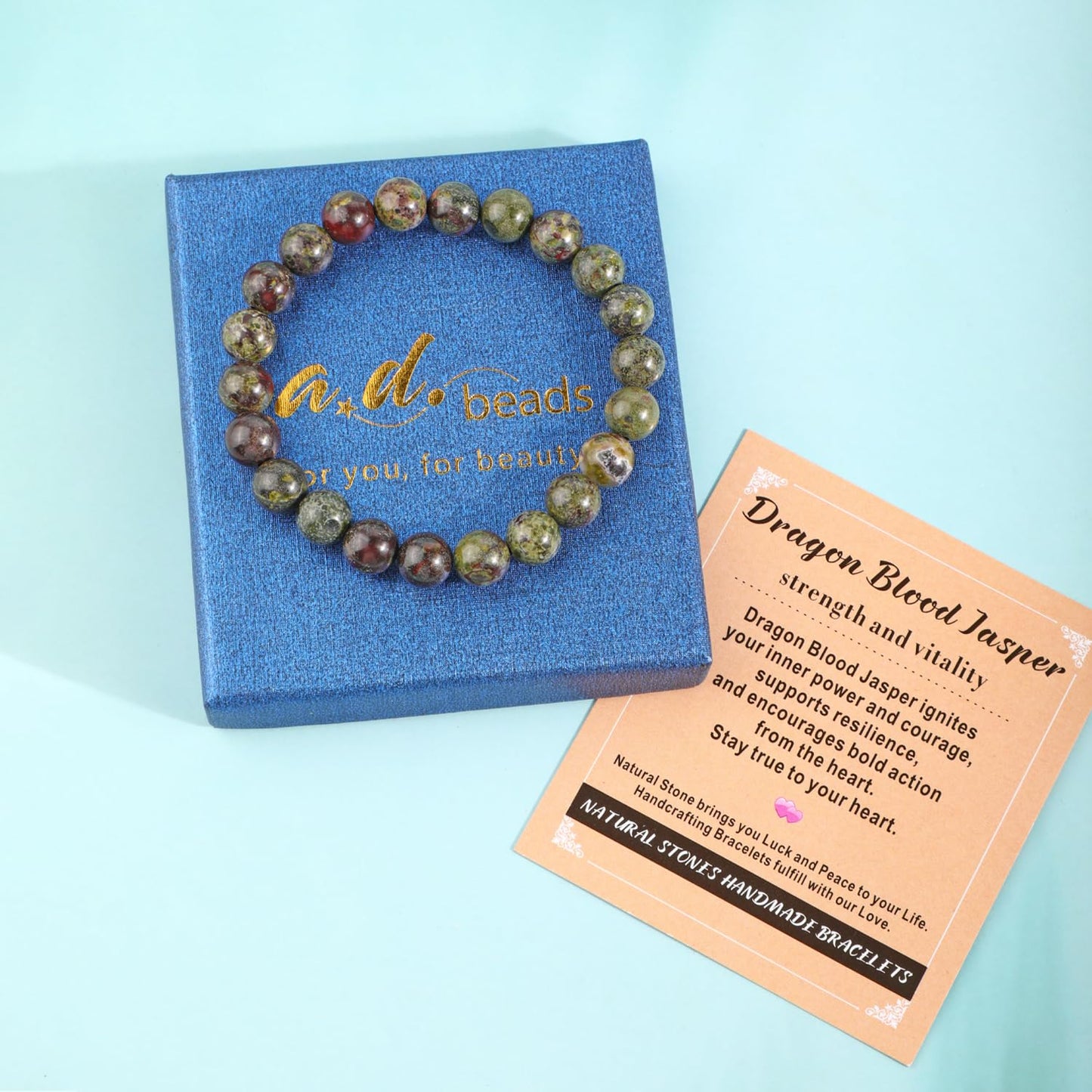 AD Beads 8mm Handmade Dragon Blood Jasper Elastic Bracelet – Natural Gemstone for Strength and Vitality – Meditation, Yoga, Healing and Energy Gift for Men Women