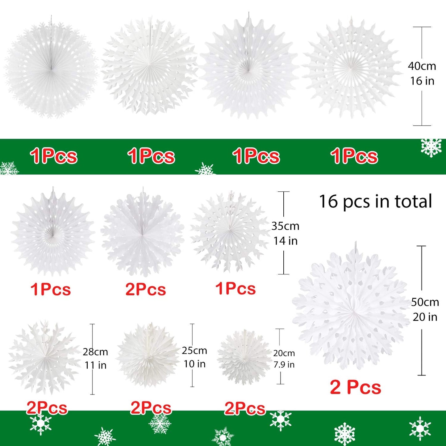 CHRORINE 16 Pcs Christmas Winter White Paper Snowflake Decorations, Christmas Snowflakes Hanging Decoration, Frozen Birthday Party Supplies Winter Wonderland Party Decorations (Mixed 7.8"-20")