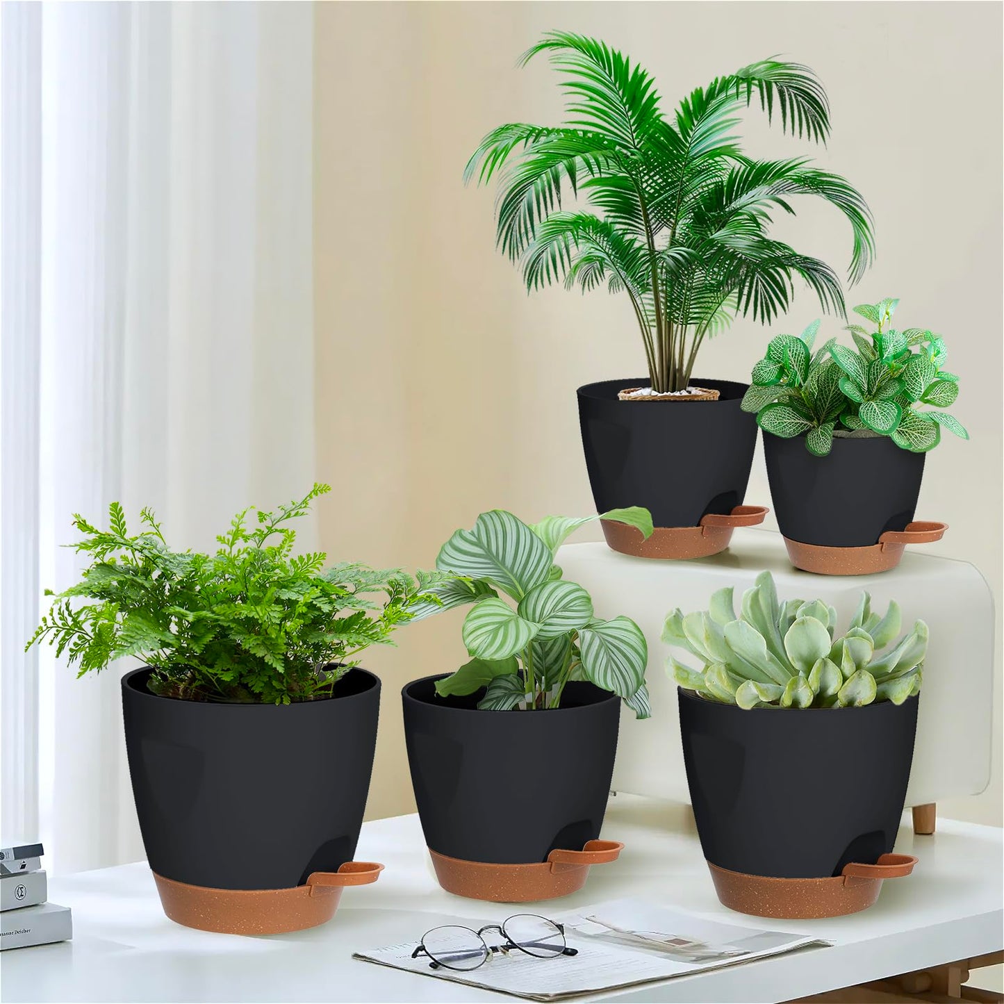 Carsapro 5-Pack Plant Pots with Drainage 7/6.5/6/5.5/5 Inch, Self Watering Pots for Indoor Plants, Planters for Indoor Outdoor Plants, Plastic Flower Pot, Planter for Indoor Outdoor (Black)