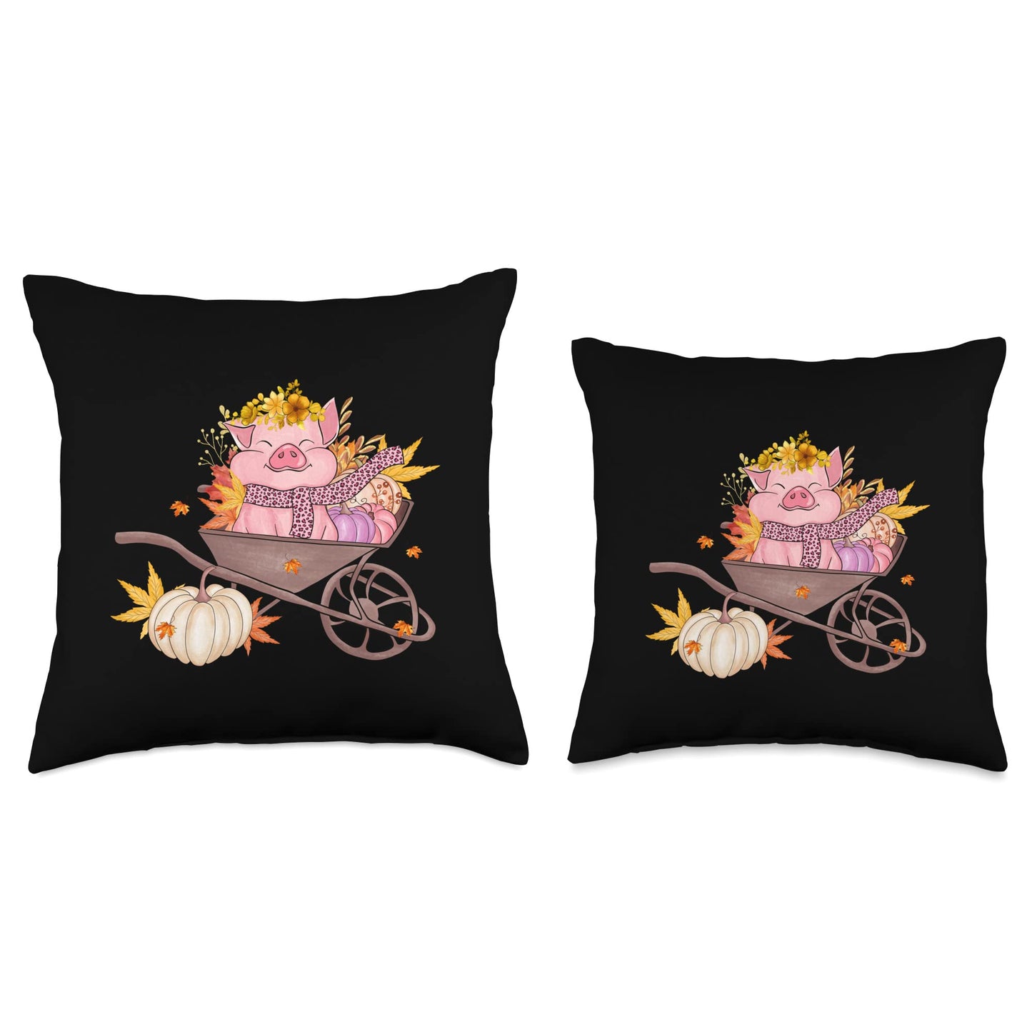 Cute Pig Farm Animal in Autumn Pumpkin Filled Wheelbarrow Throw Pillow