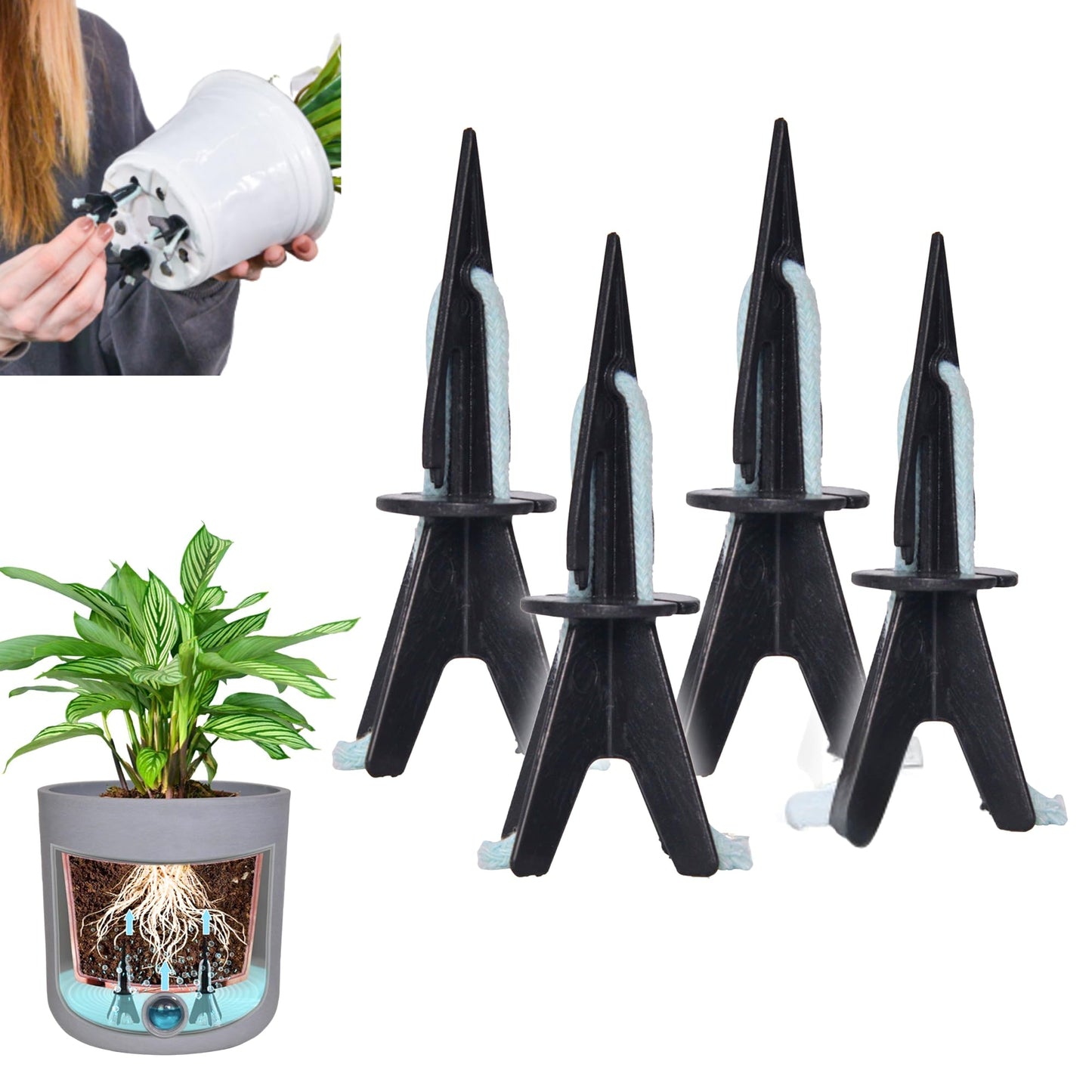 GreenShip 4 Pack Self Watering Planter Insert, Wick Spikes for Plants, Patented Plant Wicks for Self Watering, Plant Stakes for Indoor Outdoor Plants,Vacation Use(Medium for Height 12"-17" Planter)