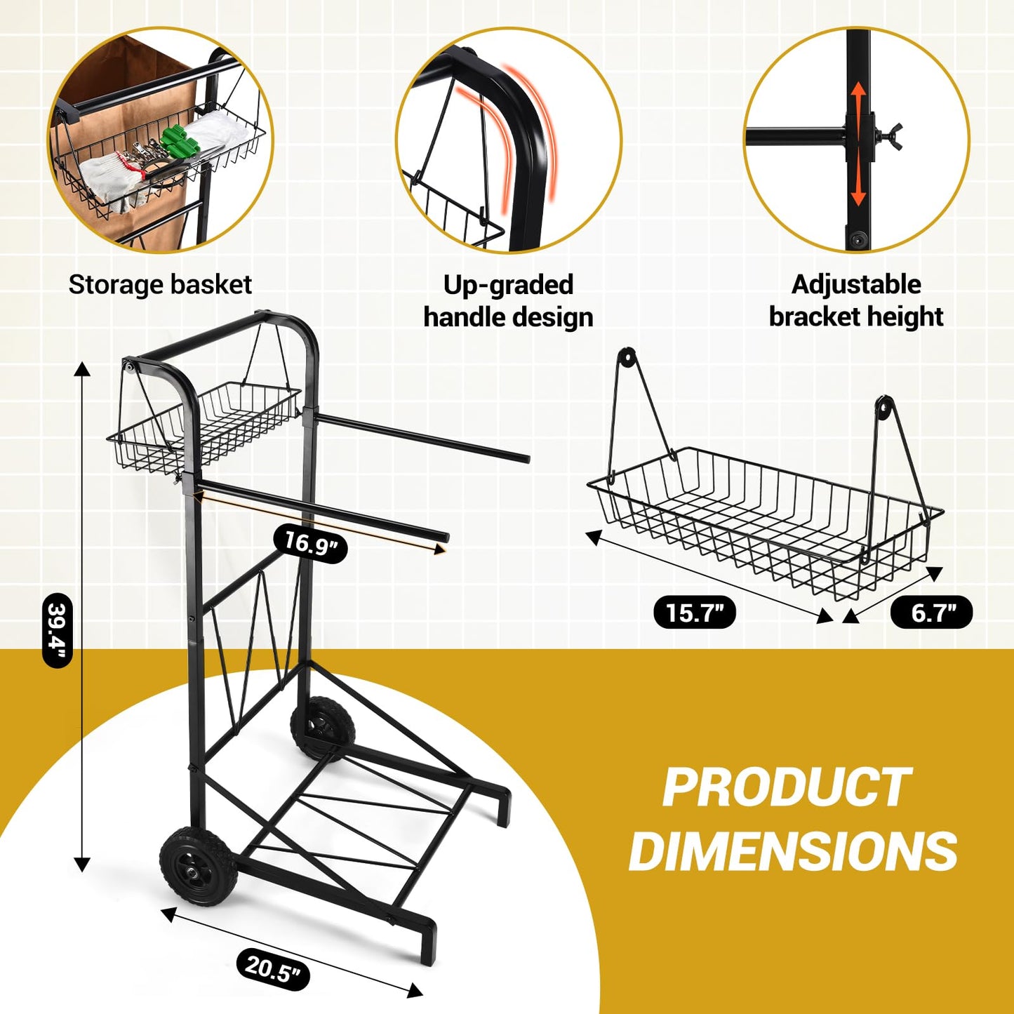 CAROD Upgraded Trash Bag Holder Cart with Storage Basket and Ergonomic Handle, Adjustable Outdoor Leaf Bag Holder from 30-45 Gallon Capacity, Ideal for Yard Clean-Up, Camping, Parties,Leaf Collection