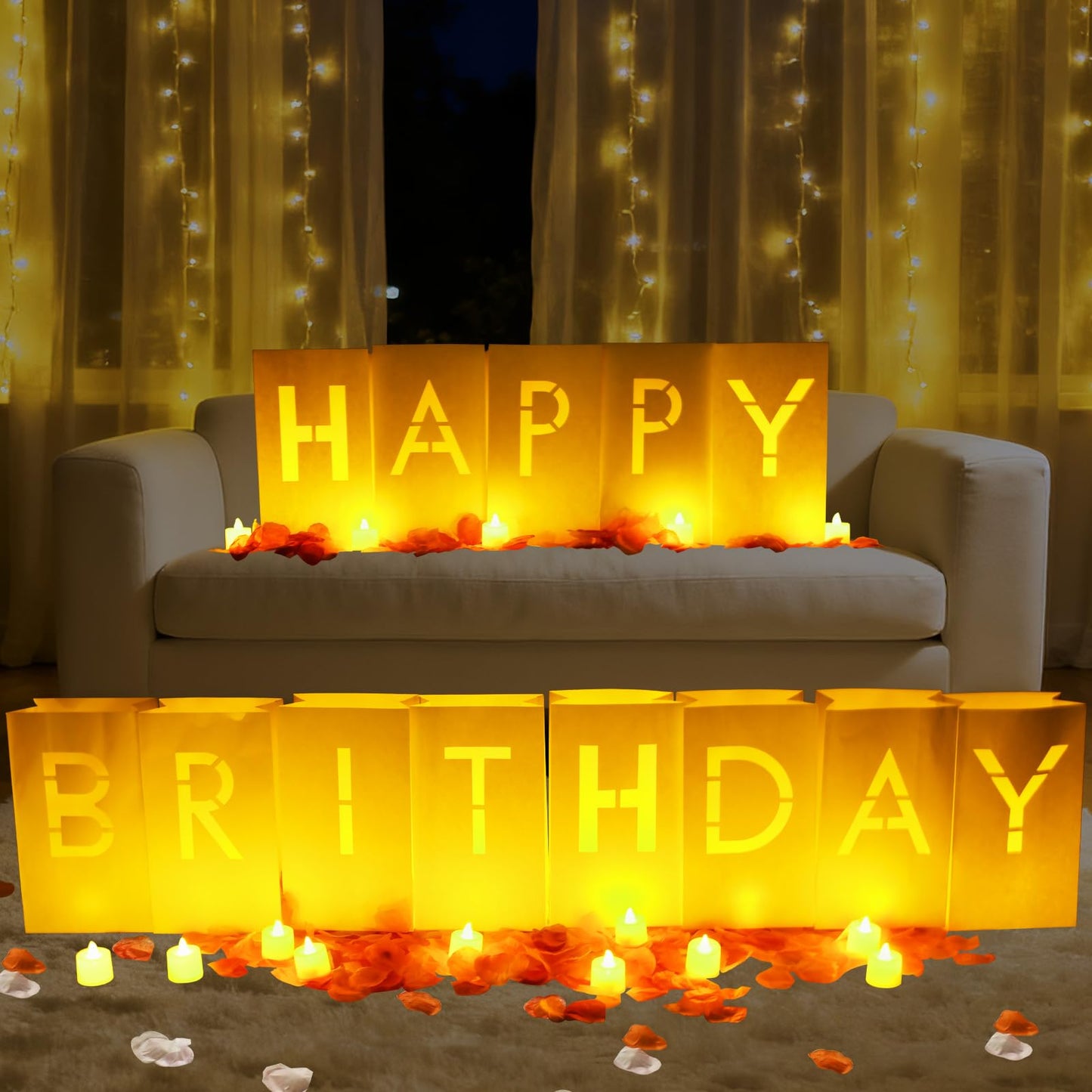 Happy Birthday Decorations for Women Men Girls White Paper Bags with Letter Cards 2000PC Rose Petals Set, Happy Birthday Banner for Door Room Party Decorations, Surprise Gifts Banner