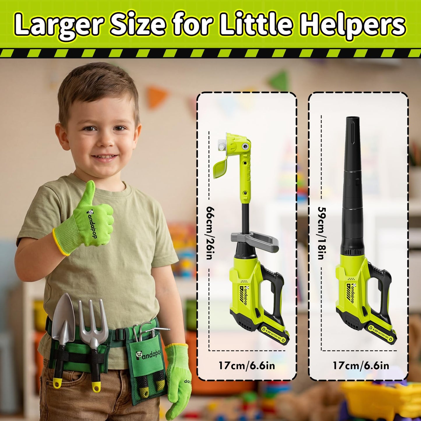 Pandapop Kids Gardening Tools Set, 2 In 1 Kids Leaf Blower & Toy Lawn Mower with Sounds & Lights, Kids Tool Set with Belt & Gloves, Outdoor Play Toy Tools, Christmas Birthday Gifts for Boys 3 4 5 6 7+