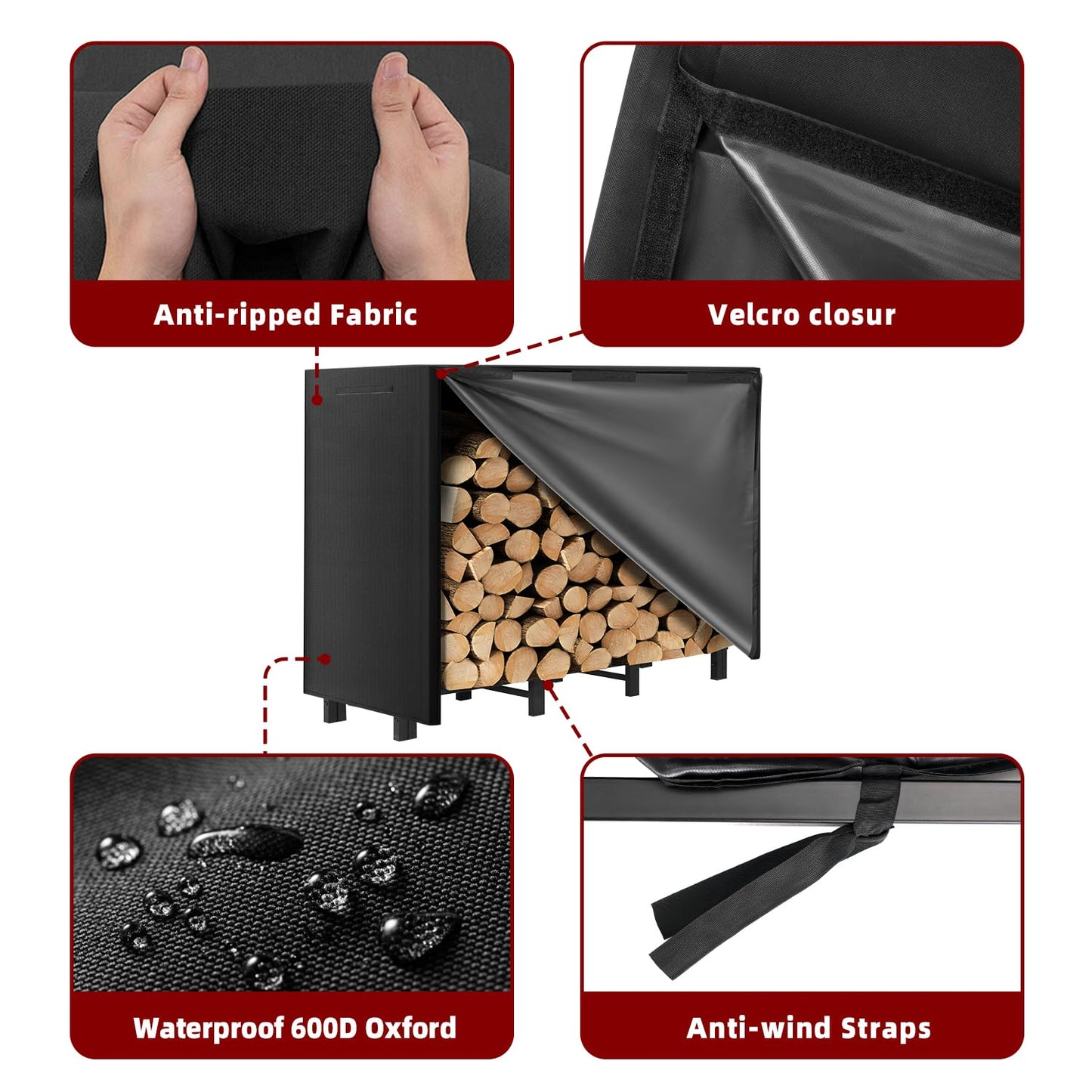 DNKMOR 4FT Firewood Rack with Waterproof Cover,Heavy Duty Firewood Storage Log Holider for Outdoor&Indoor,Fireplace Wood Rack with 600D Oxford Fabric
