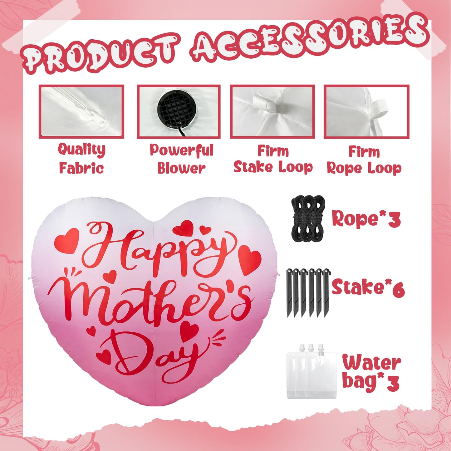 6.5FT Inflatable Happy Mother's Day Decorations, Father's Day Inflatable Double Side Decorations, Giant Hearts Built-in LED Lighted Blow Up Decoration Home Yard Outdoor Indoor Decor