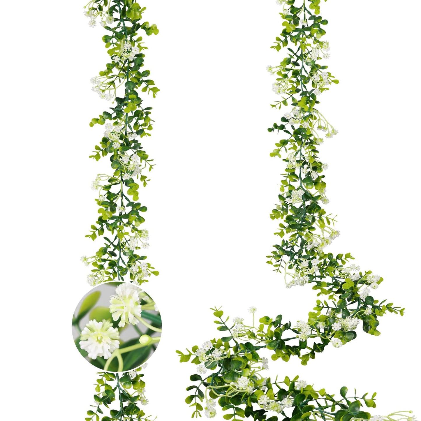 HIAGROW 6FT Eucalyptus Garland with Flowers, 2 Pack Artificial Greenery Garland Hanging Spring Eucalyptus Garland Suitable for Table Wedding Backdrop Arch Wall Party UV Protected Indoor Outdoor Decor