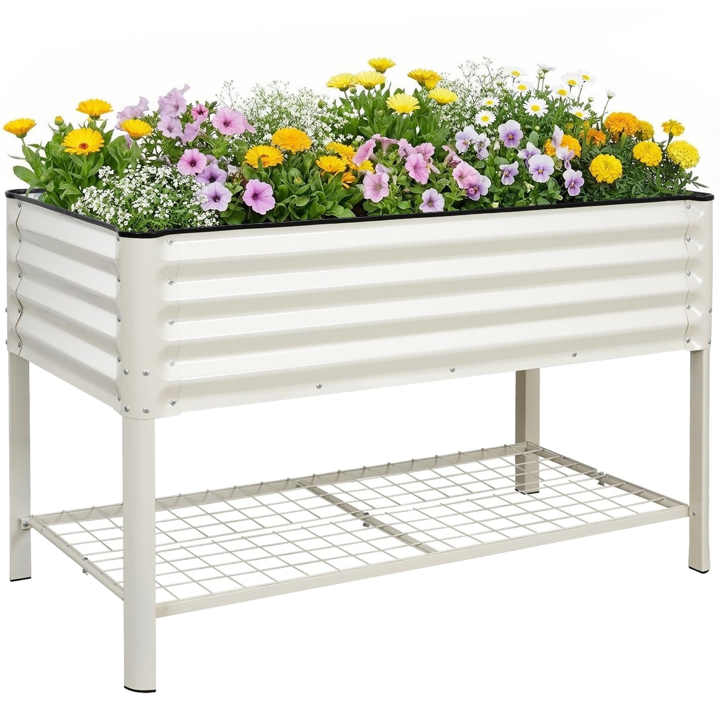 STBoo Elevated Raised Garden Bed with Legs - 48''x24''x32'' Galvanized Metal Standing Planter Boxes Outdoor with Bottom Storage Shelf for Backyard, Patio, Balcony, Vegetables, Flowers, White