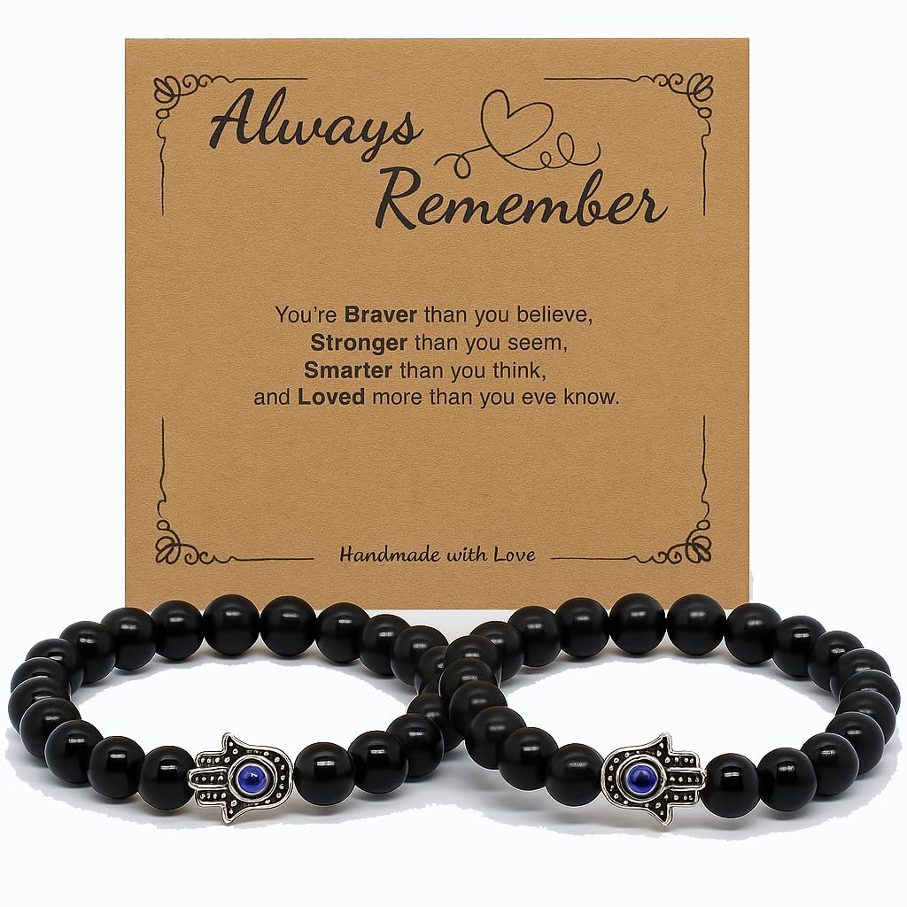 Jendfert Obsidian Energy Beaded Bracelet, Black Tourmaline Beads, Feng Shui Chakra Healing Double Guardian Bracelet, 8mm Black Onyx Beads, Personalized Gift for Men and Women（2 PSC Evil Eye）