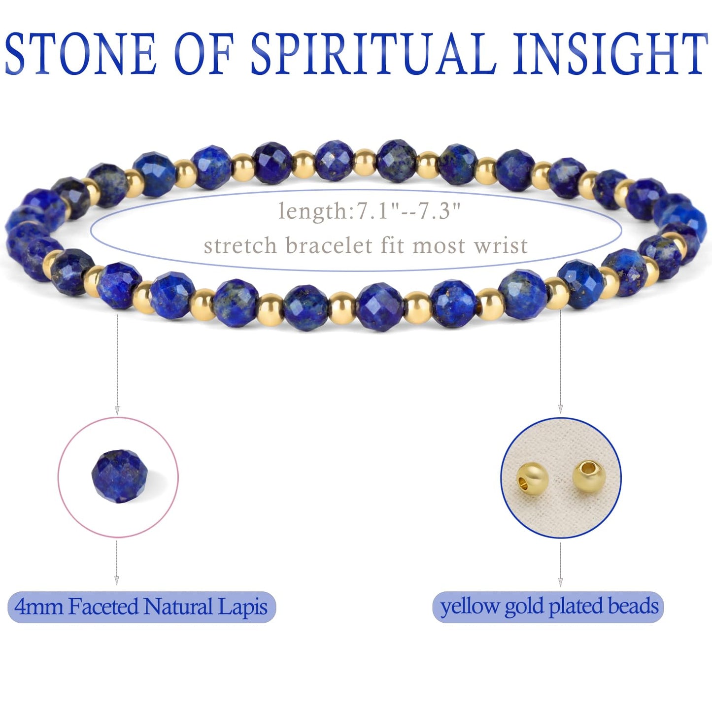 QOGIR Lapis - Stone of Spiritual Insight - 14K Gold Plated Beads Natural Gemstone Stretch Elastic Dainty Healing Beaded Bracelets Gifts 4mm