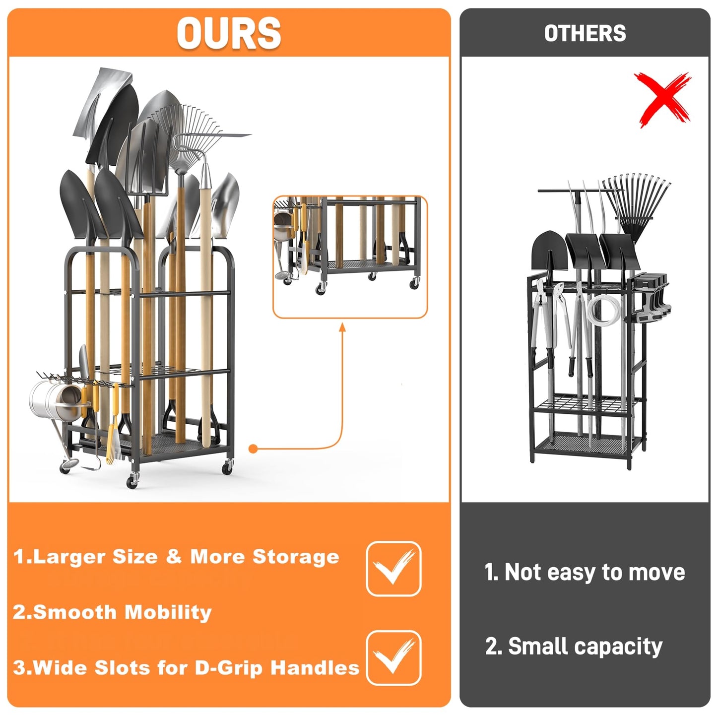 TORACK Garden Tool Organizer Stand with Wheels, Rakes Shovels Yard Tools Stand for Garage, Shed, Garden, Indoor/Outdoor Long-Handled Tools Cart