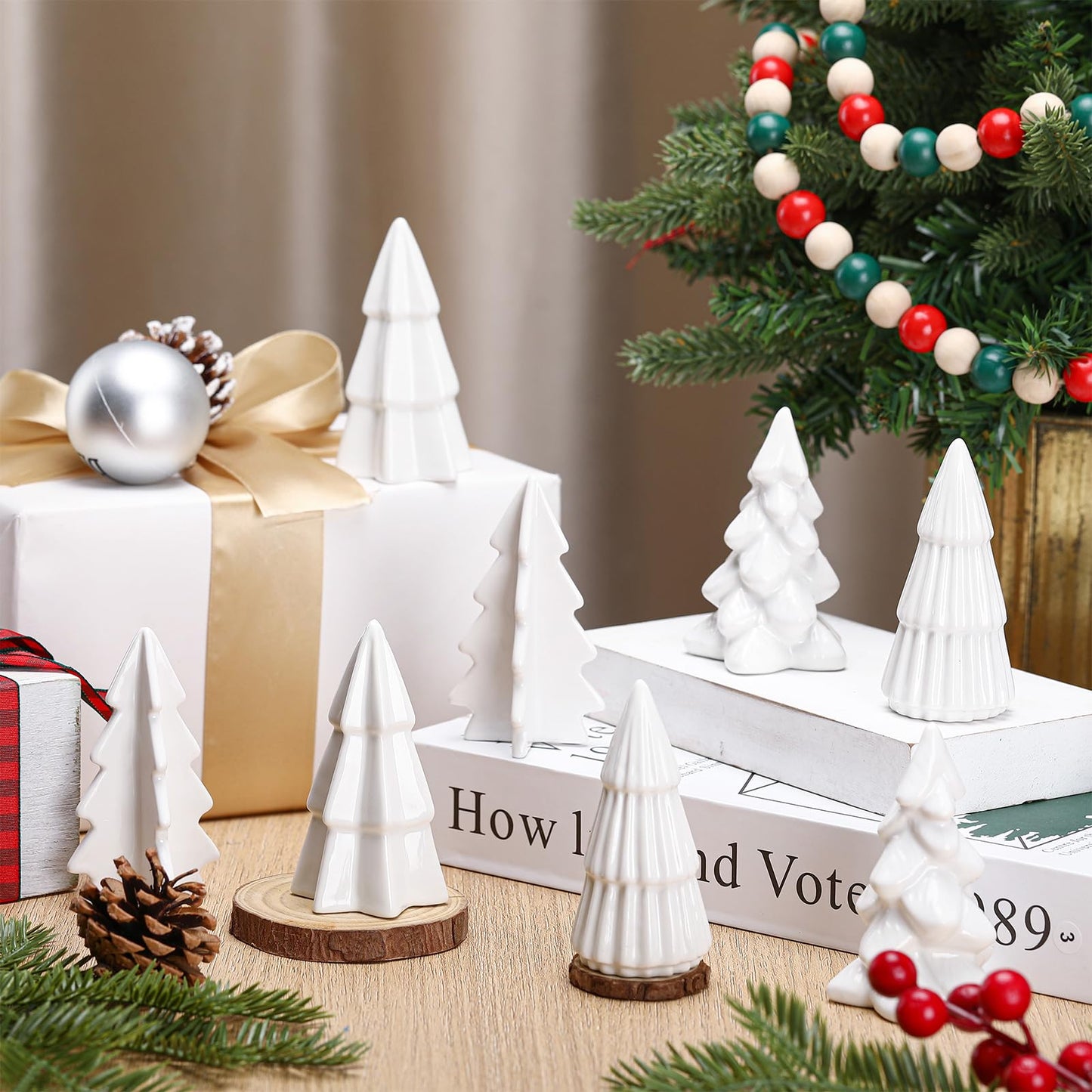 Nuenen 8 Pcs Ceramic Christmas Tree Porcelain Christmas Tree Winter Christmas Trees Mini Stoneware Trees for Mantle Vintage Table Shelf Living Room Bedroom Cabinets Office Desktop(Classic)
