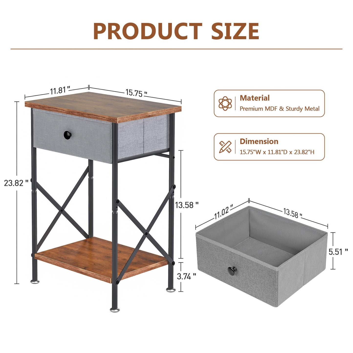 VECELO End Tables, Modern Nightstand with Fabric Drawer & Open Shelf, Night Stand for Bedroom Living Room, Industrial Metal Frame, Easy Assembly, Rustic Brown,1 Pack
