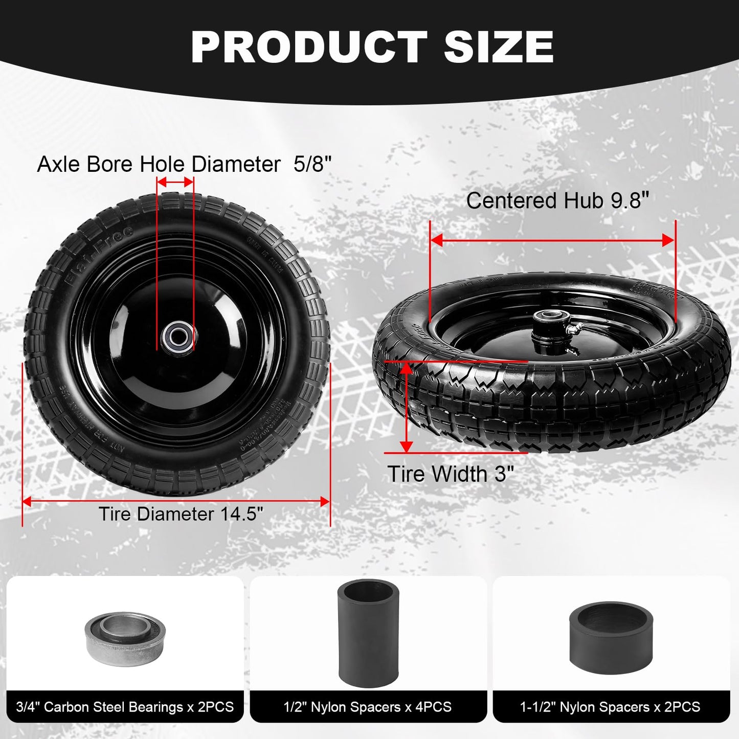 DGSL 1-Pack 4.80/4.00-8 Tire - 14.5" Flat-Free Tire Wheelbarrow Tire with 3" Centered Hub, 5/8" 3/4" Bearings, Heavy Duty Replacement Tires for Gardening & Yard Work