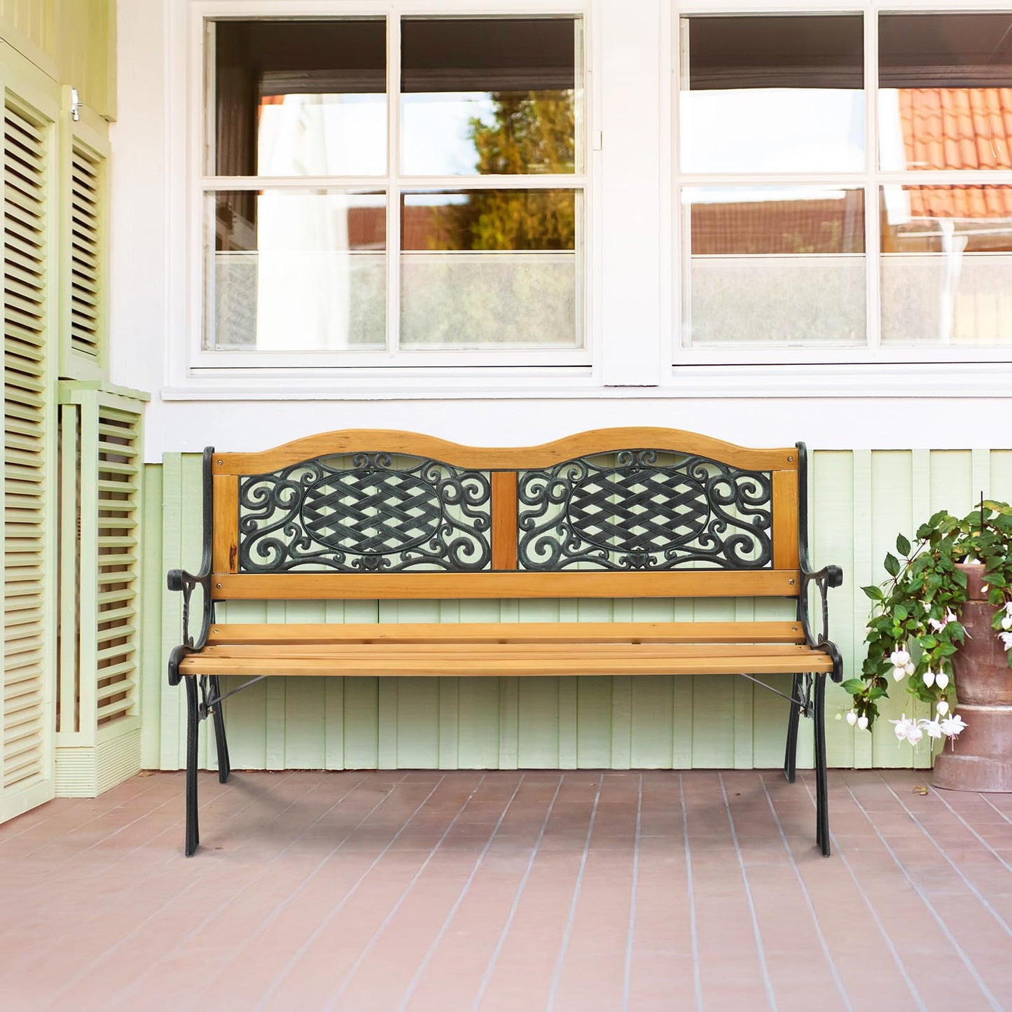 VINGLI Classic Cast Iron & Teak Arched Back Rectangular Outdoor Bench, 3-Seater, 470 lbs Capacity, Easy Assembly, Weather Resistant, 49.5" W x 20.5" D x 29" H