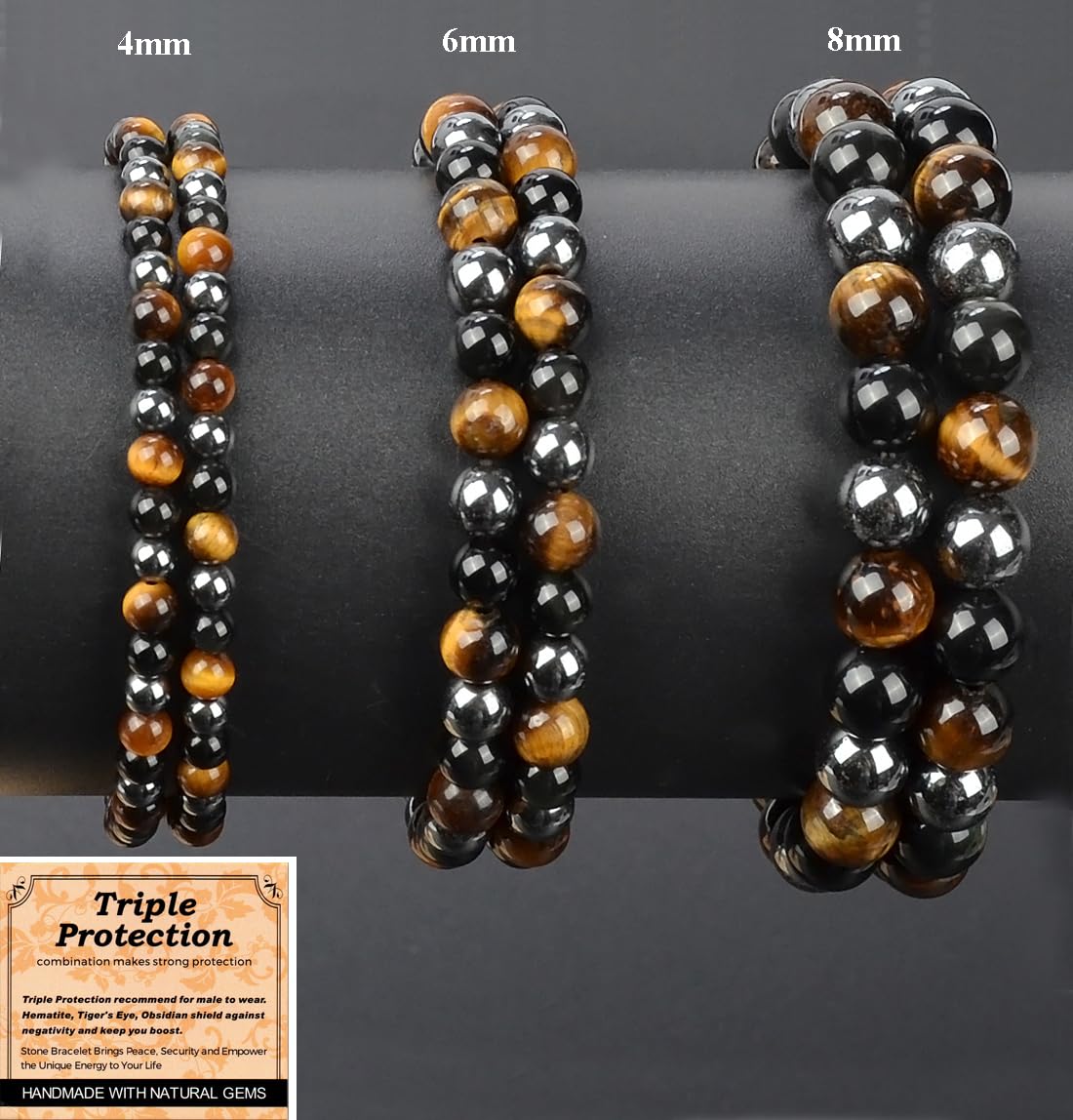 MASSIVE BEADS Triple Protection - Stone of Strong Protect - Handmade Yoga Stretch Elastic Bracelet Natural Stone Crystal Healing Power Energy Gifts for Unisex Adult 4mm