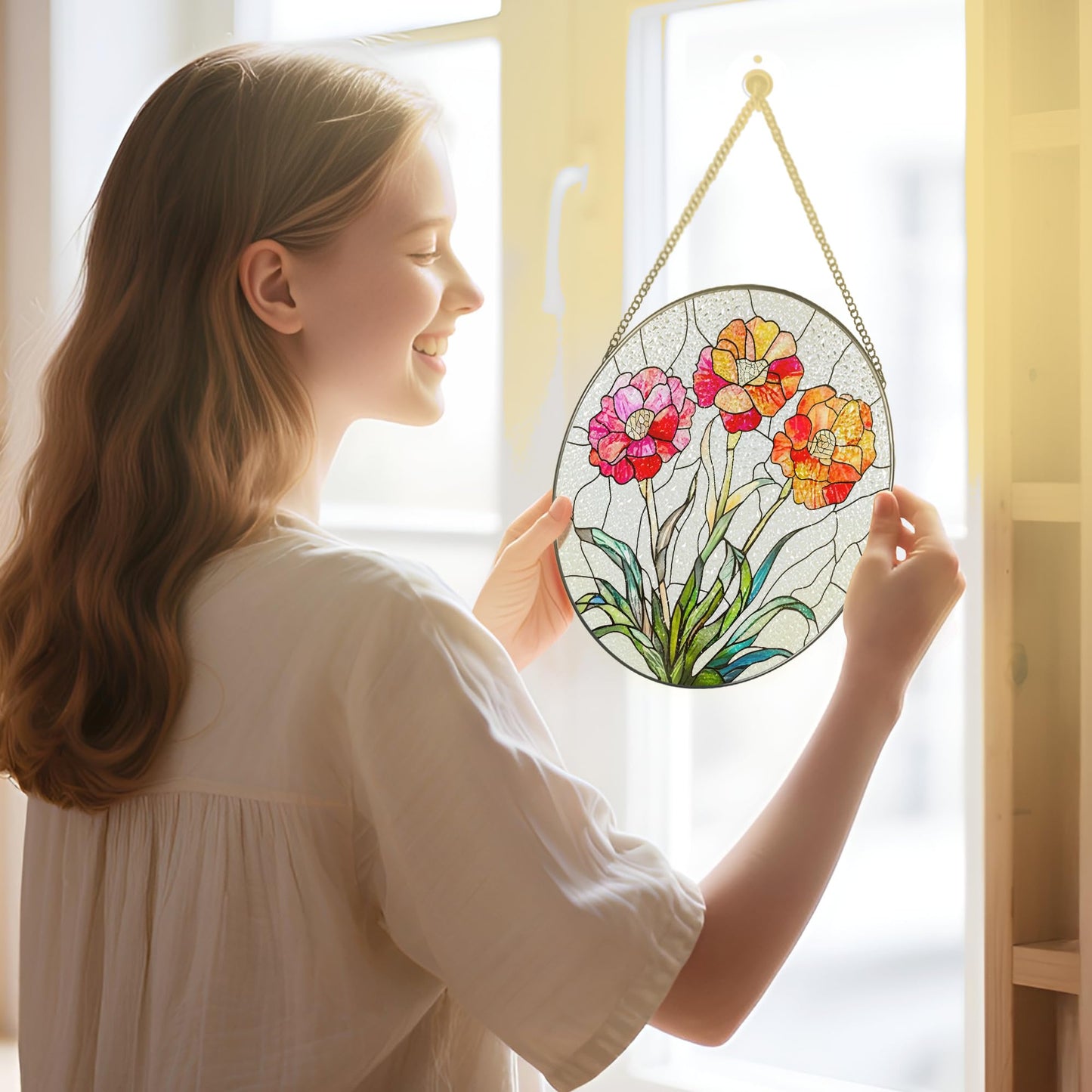 Stained Glass Window Hanging, 8 Inch Birth Flower Glass Suncatcher Ornament, Suncatchers for Windows, Window Decoration and Christmas, Mother's Day, Birthday, Gift for Women, Birth Flower Gifts - Jan