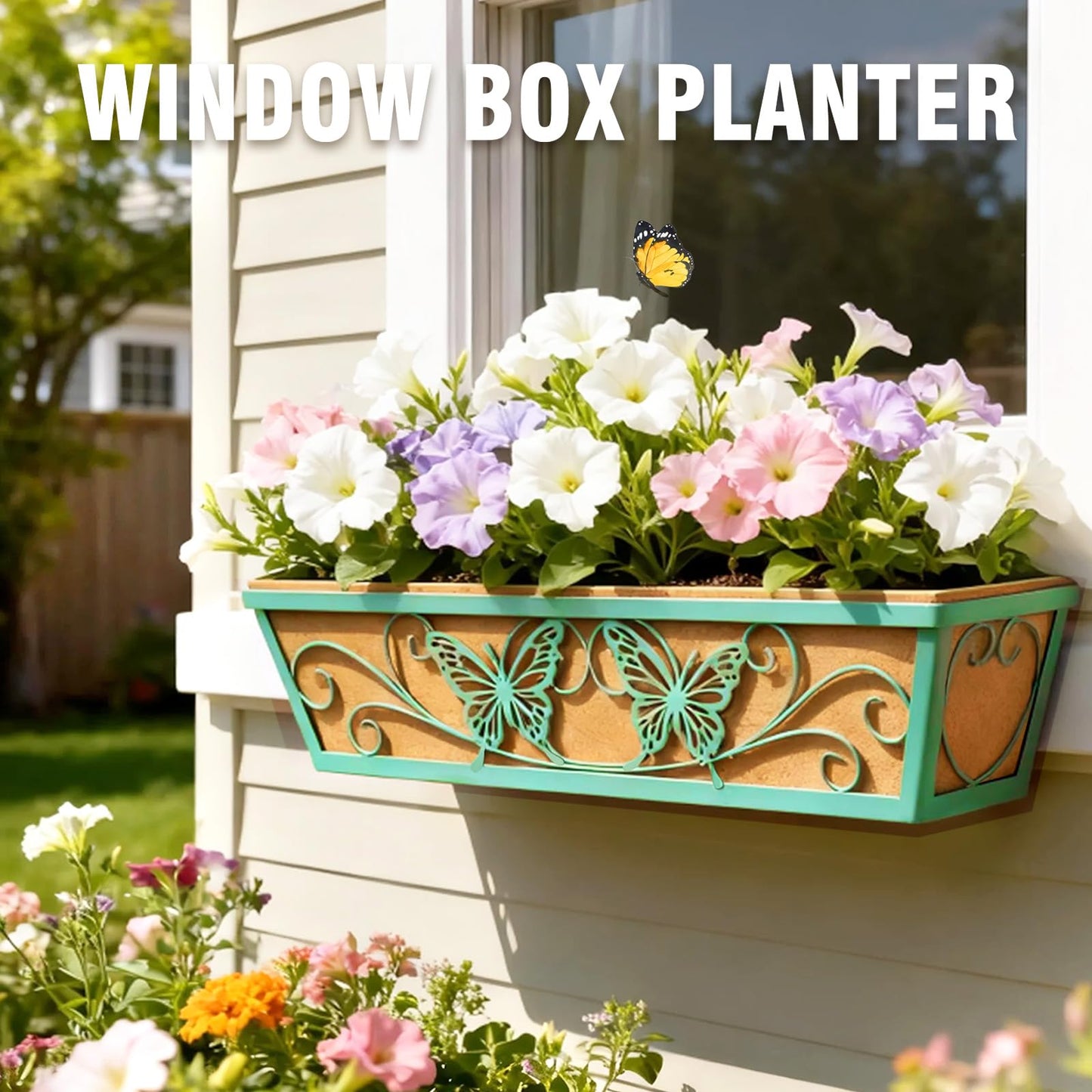 2 Pack 24 Inch Window Boxes Planter Railing Planters Box with Adjustable Brackets for Porch Deck Balcony Hanging Butterfly Decorative Flower Baskets & Non-Woven Fabric Liner for Outdoor Plants - Green