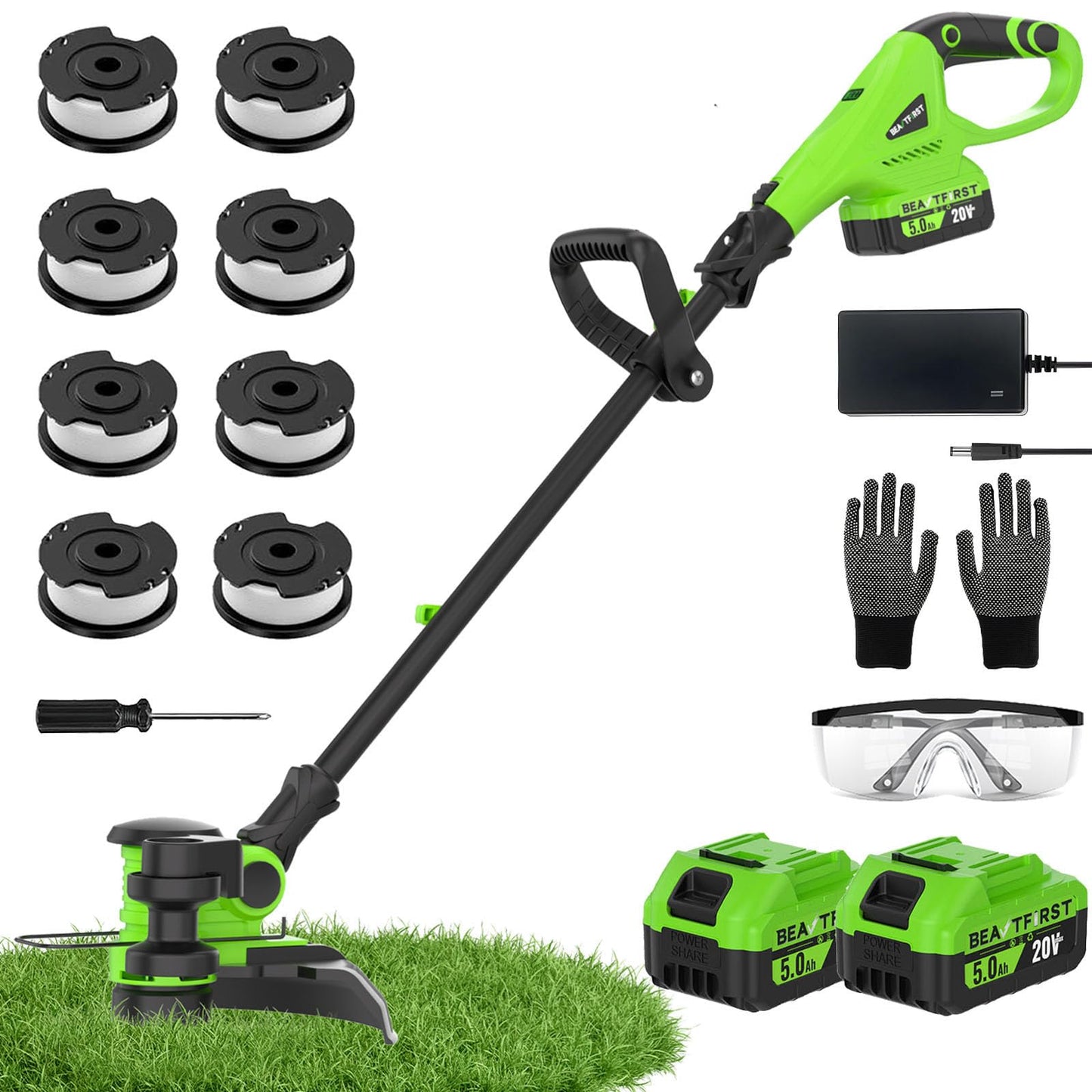 12" Cordless Weed Wacker String Trimmer with 2x5.0ah Battery and Charger, Electric Grass Trimmer 20V Battery Powered Weed Eater String, Edger Lawn Tool Grass Cutter with 8pcs Line Lawn Mover