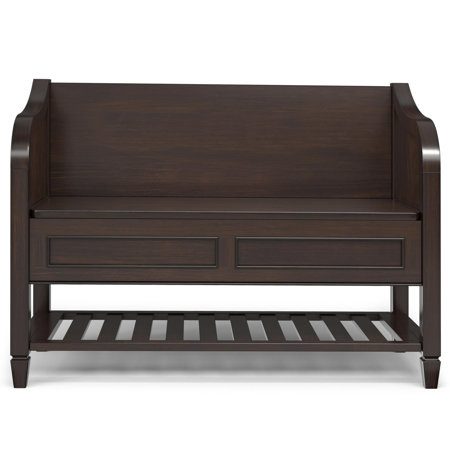 SIMPLIHOME Connaught SOLID WOOD 42 inch Wide Traditional Entryway Storage Bench with Shelf in Chestnut Brown for the Living Room, Entryway and Family Room
