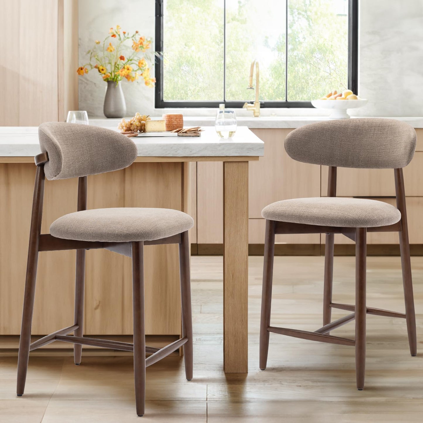 COLAMY Upholstered Counter Bar Stools, Kitchen Island Stools with Back, Modern Counter Height Stools with Wood Legs for Kitchen Island Dining Room Bar, Camel