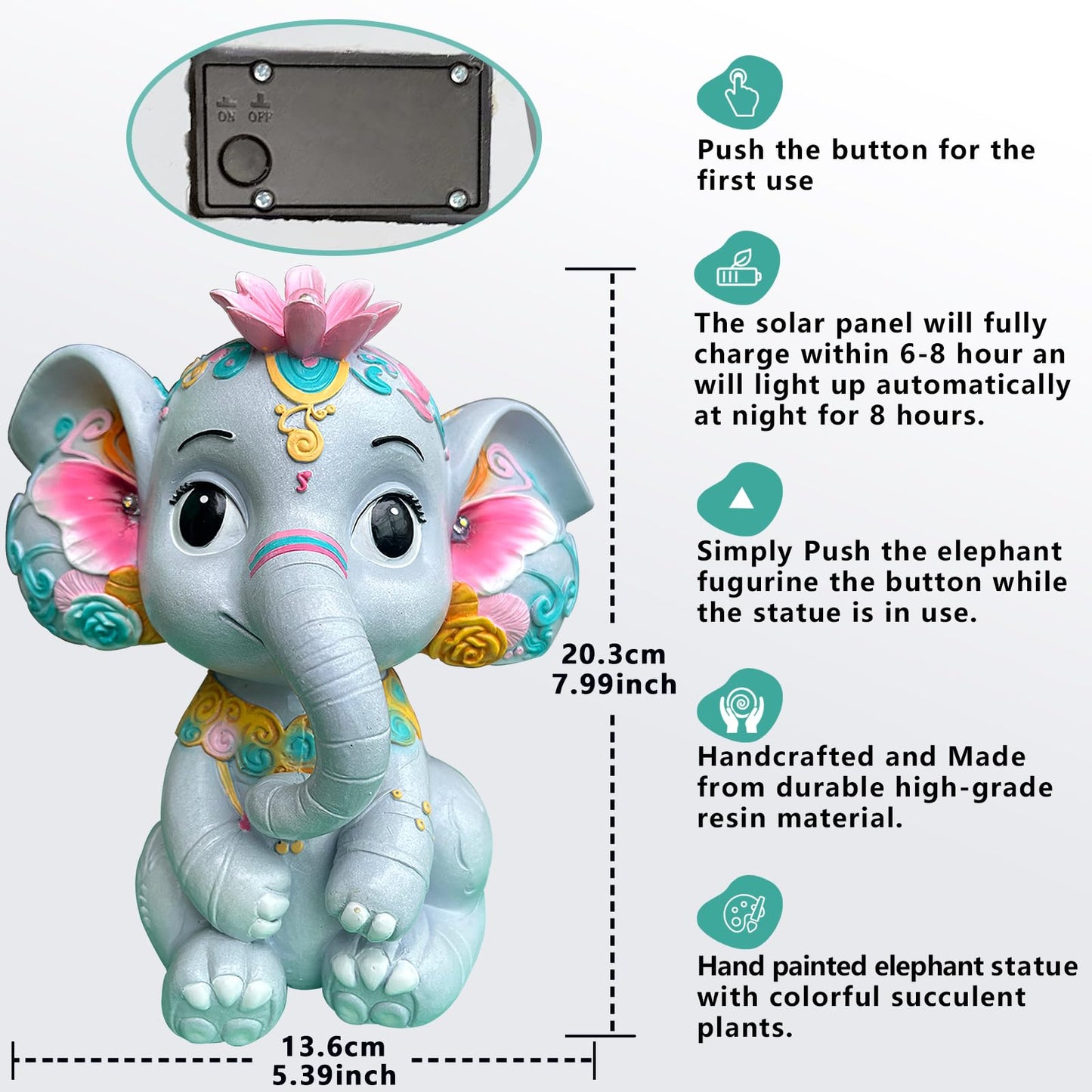 Sgreatiny Solar Garden Elephant Statue with 4 LED Lights, Outdoor Lawn Decor for Patio, Yard, Balcony, Waterproof Resin Ornament, Ideal Gift for Mom, Grandma, Women (Housewarming, Birthday, Christmas)
