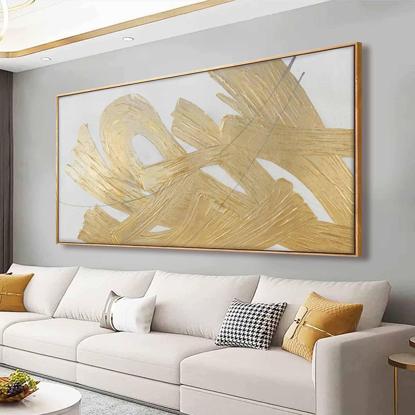 Large Gold Wall Art Abstract Canvas Wall Decor Framed Arts Pictures Modern Artwork Hand Drawn Paintings 36"x70"