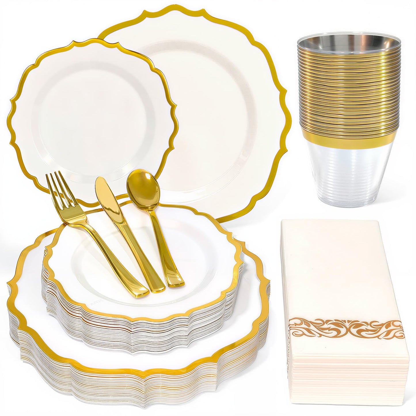 Glowserve 175 Plastic Dinnerware Set Gold Disposable Dinnerware Set for 25 Guests Include 50 Plastic Plates 25 Silverware Set 25 Cups and 25 Napkins for Mother's Day Party Wedding Birthday