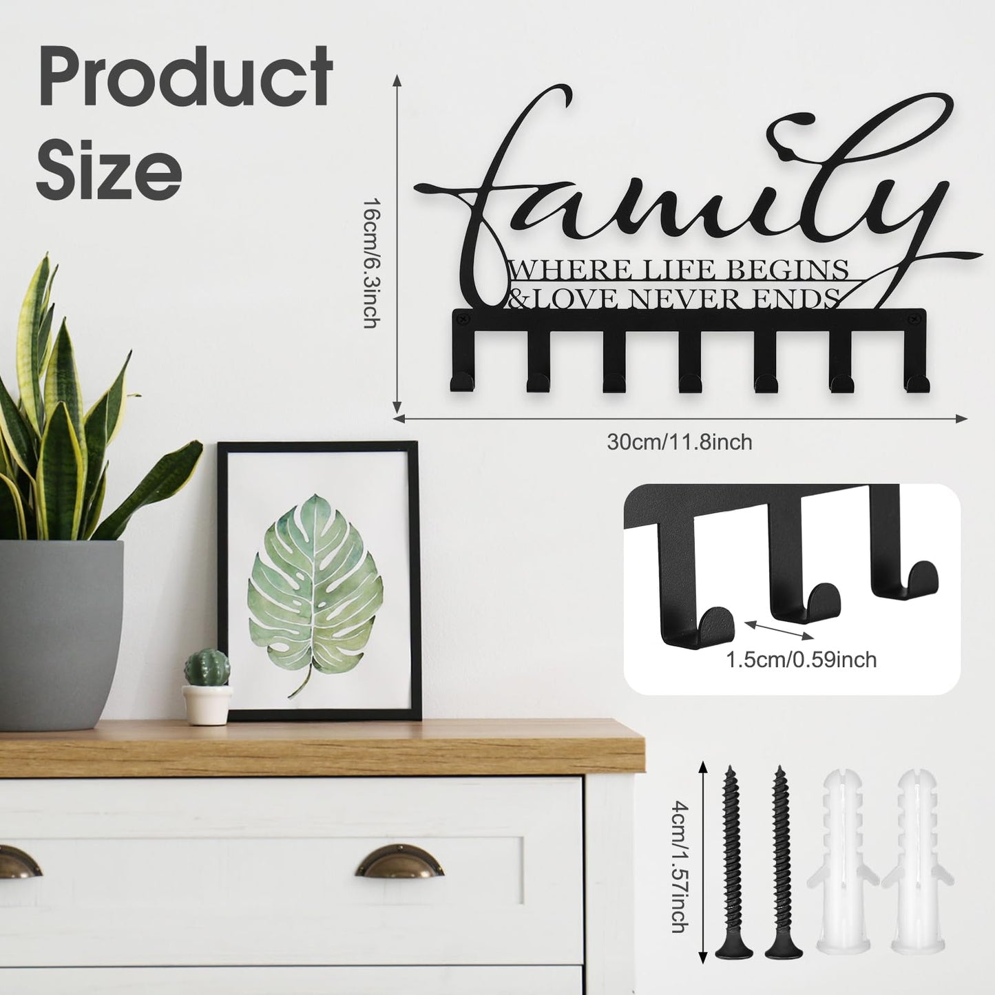 Hicarer Family Key Holder Metal Hooks Decorative Hanger Black Rack Wall Mount Organizer with Screws and Anchors for Keys Hat Kitchen Entryway Front Door Home Decor