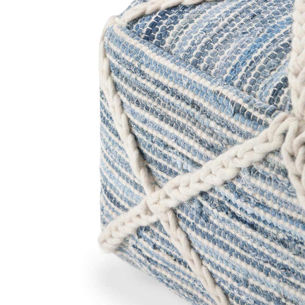 SIMPLIHOME Cowan Square Pouf - 20 inch Wide Handloom Woven Wool and Cotton Ottoman in Blue and Natural, Contemporary Footstool or Extra Seating for Living Room, Bedroom, or Kids Room, Assembled