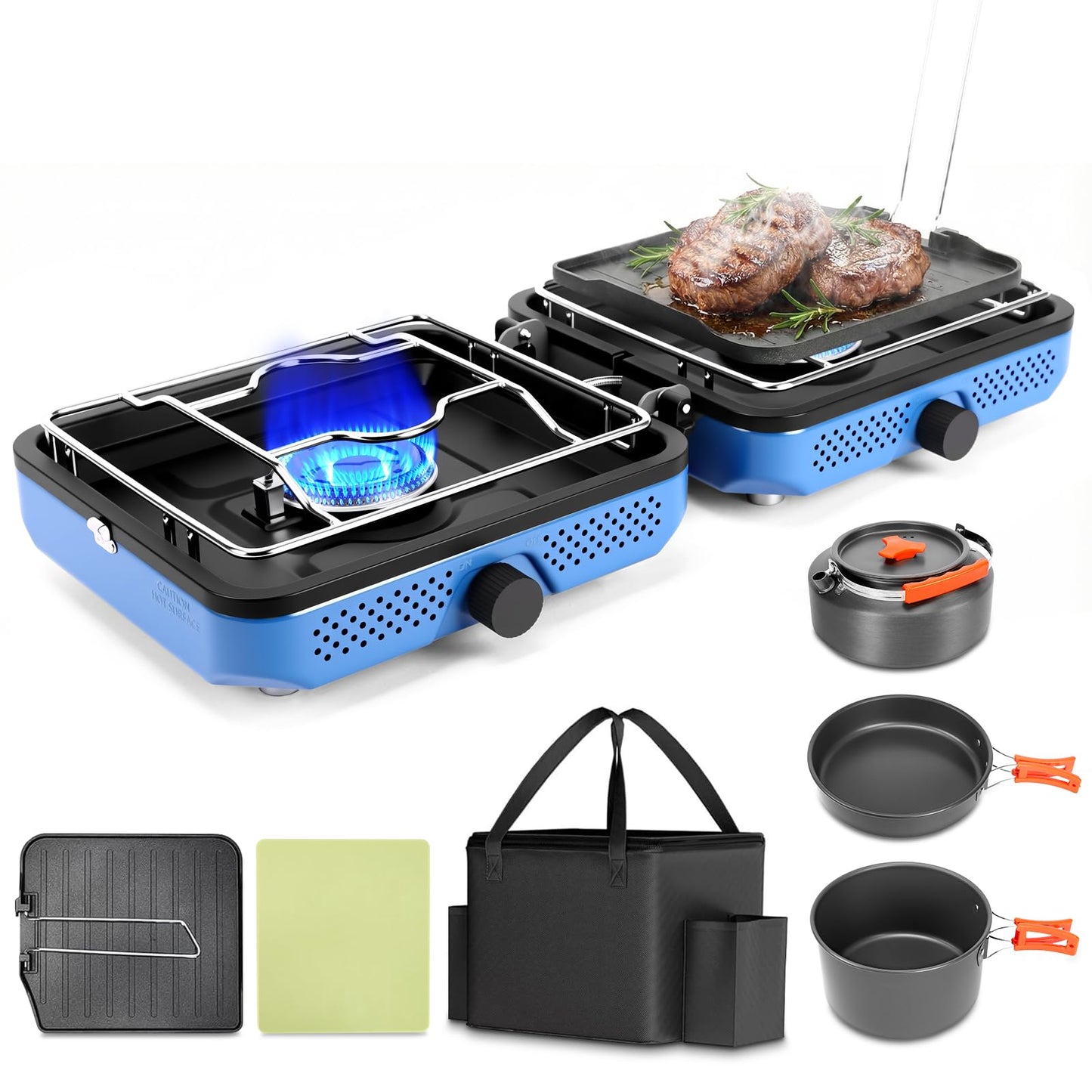 Hisencn 2 Burner Propane Camping Stove, 30000 BTU Foldable Portable Gas Stove with Cookware Set & Carry Bag, Outdoor Cooking for Camping, RV, Emergency Use, Blue
