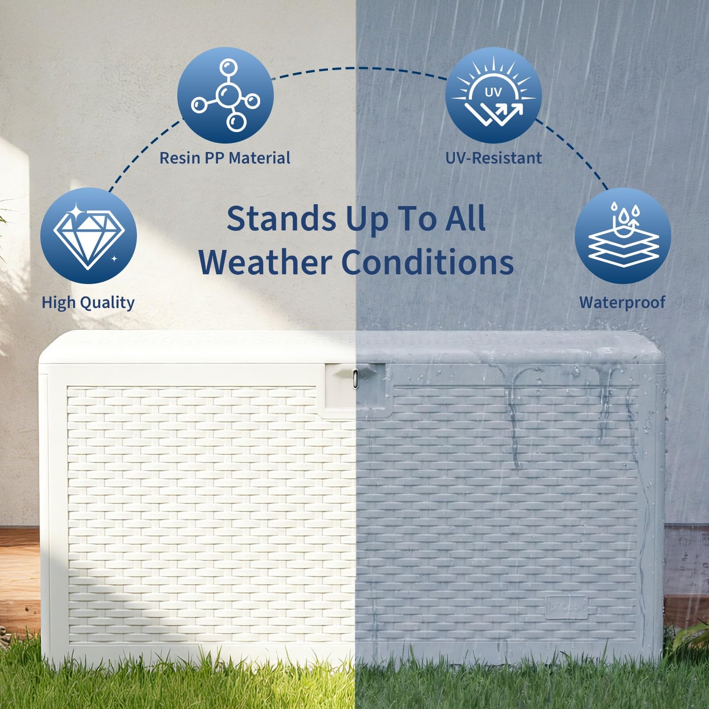 Garvee 99 Gallon Waterproof Large Resin Deck Box Indoor Outdoor, Lockable Storage Container for Patio Furniture Tools, Waterproof Deck Box Patio Storage Bin for Pool Garden, White