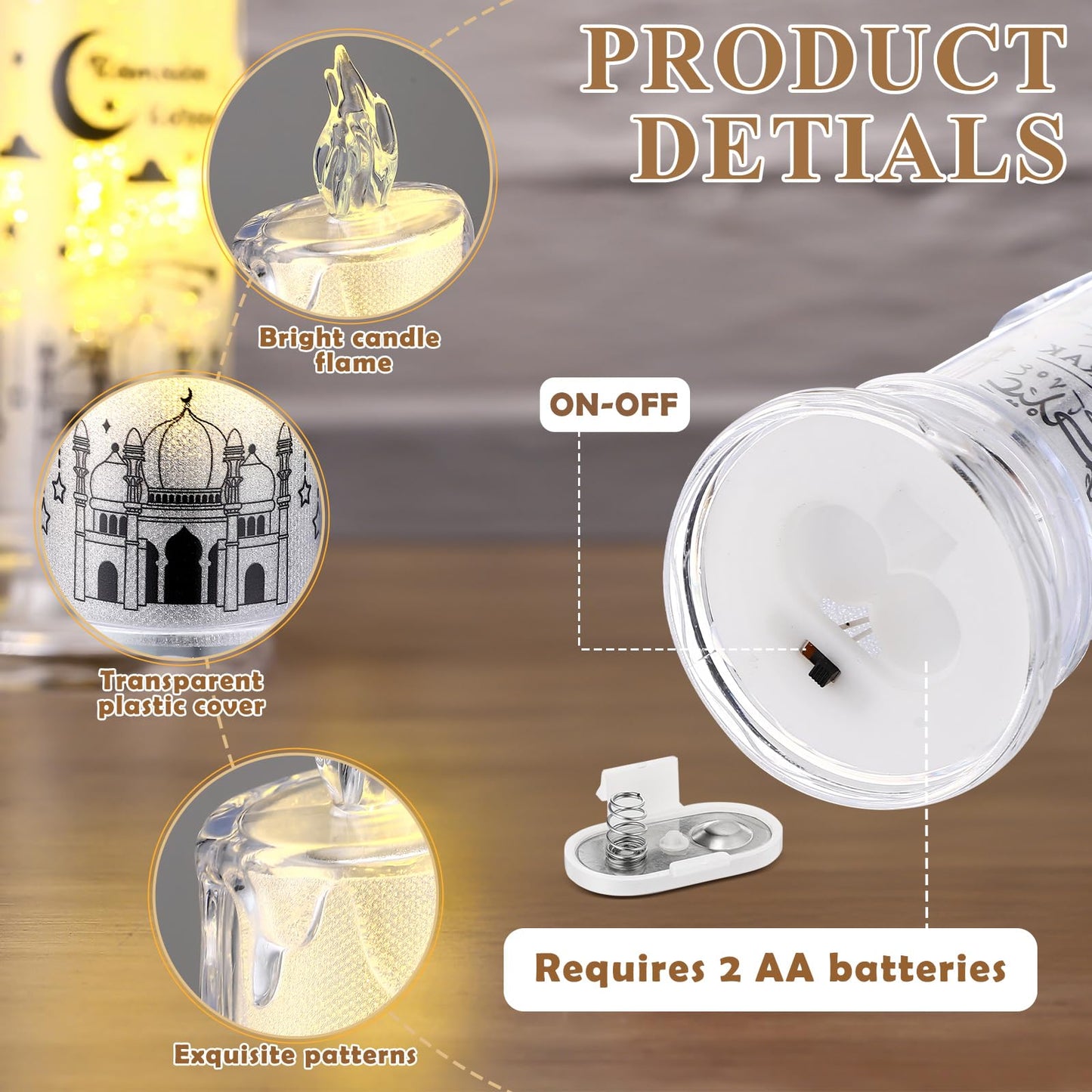 VIHOSE 3 Pcs Ramadan Decorations for Home Eid Mubarak Flameless Candles LED Battery Operated Candles Muslim Moon Decorative Lights for Home Muslim Ramadan Decorations
