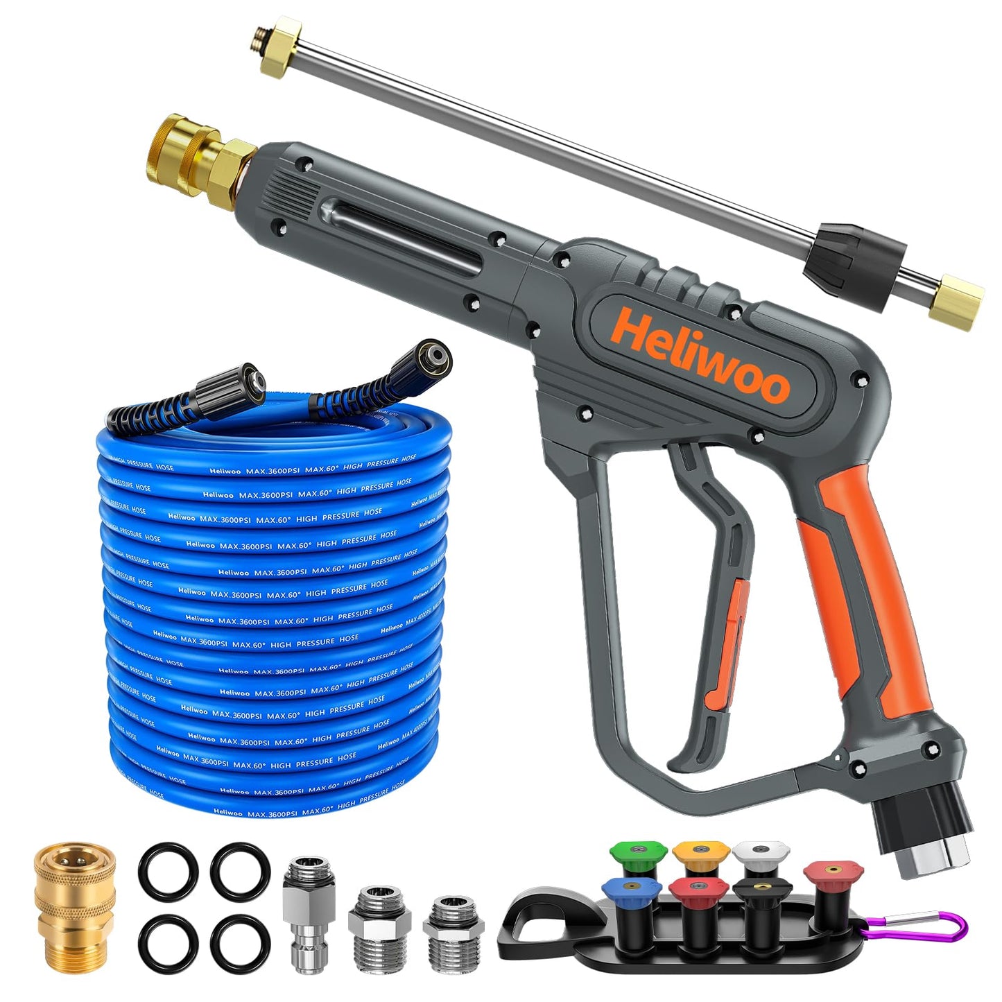 Heliwoo Pressure Washer Gun and Hose 3600 PSI, 50 FT Power Washer Hose, Extension Wand, 3/8" Swivel Quick Connector & M22-14mm Fitting, 30" Extension Wand & 7 Nozzle Tips