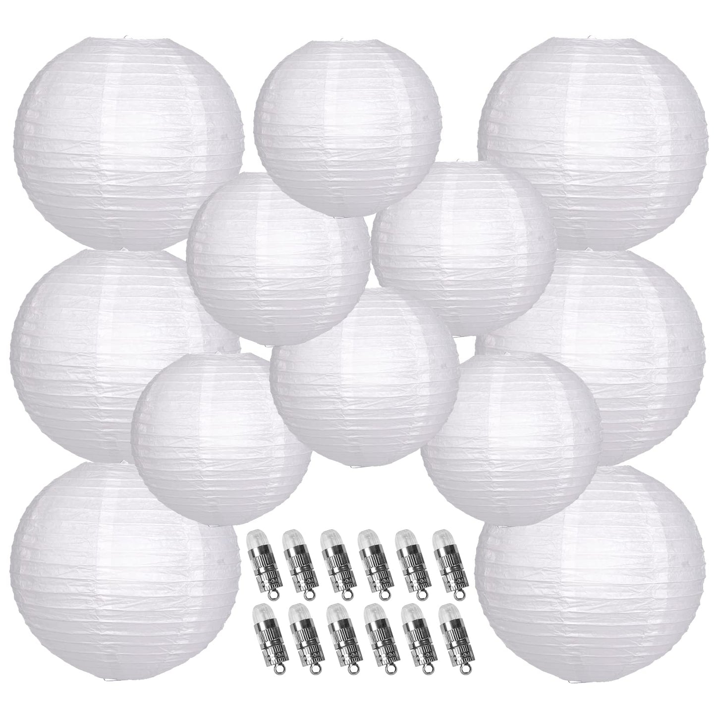 YUNXUAN Paper Lanterns Decorative, White Hanging Round Chinese Lanterns with Lights for Wedding Anniversary Birthday Party 12 LED Light Pack of 12