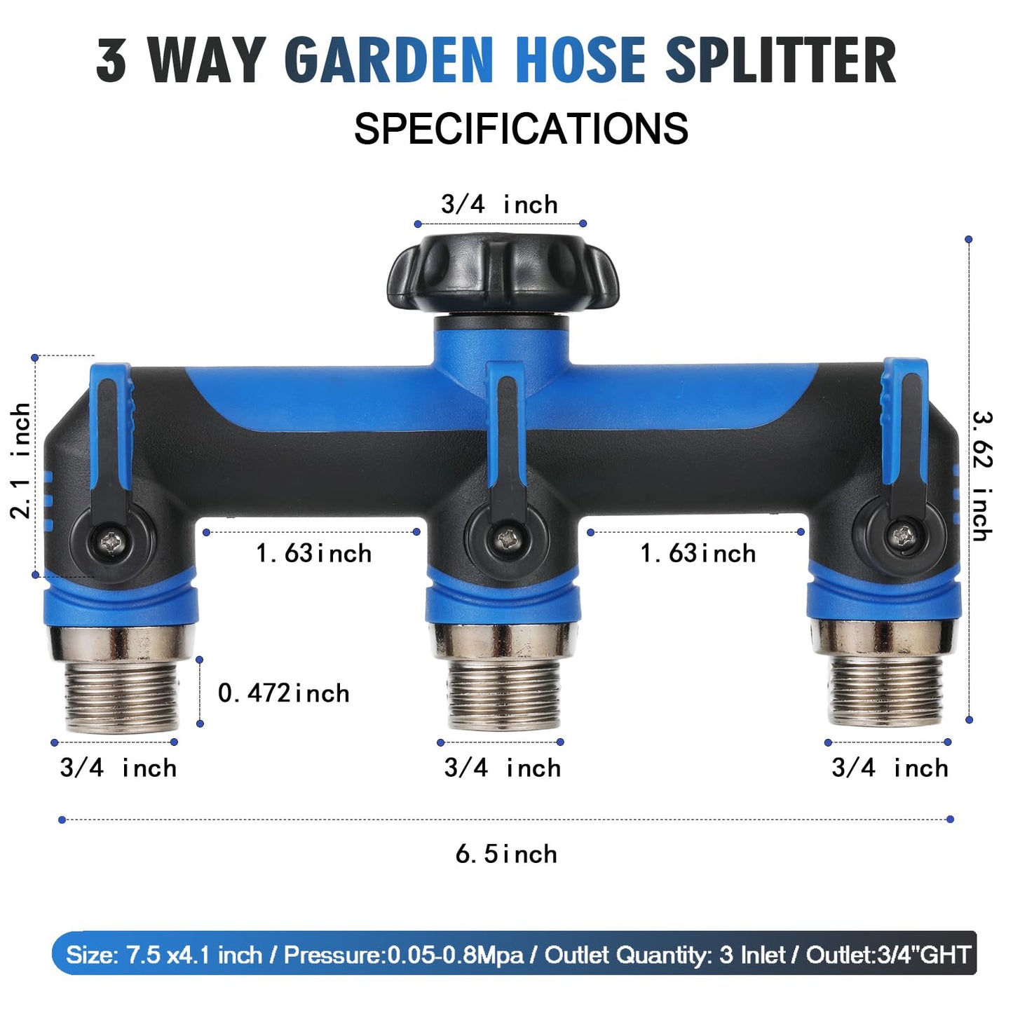 Garden Hose Splitter, 3 Way Water hose bib Spigot splitter, T Hose Connector- with Shutoff Valves Water Adapter，Outdoor Faucet Splitter 3/4" GHT Thread， For Home Outdoor Garden irrigation（ blue）