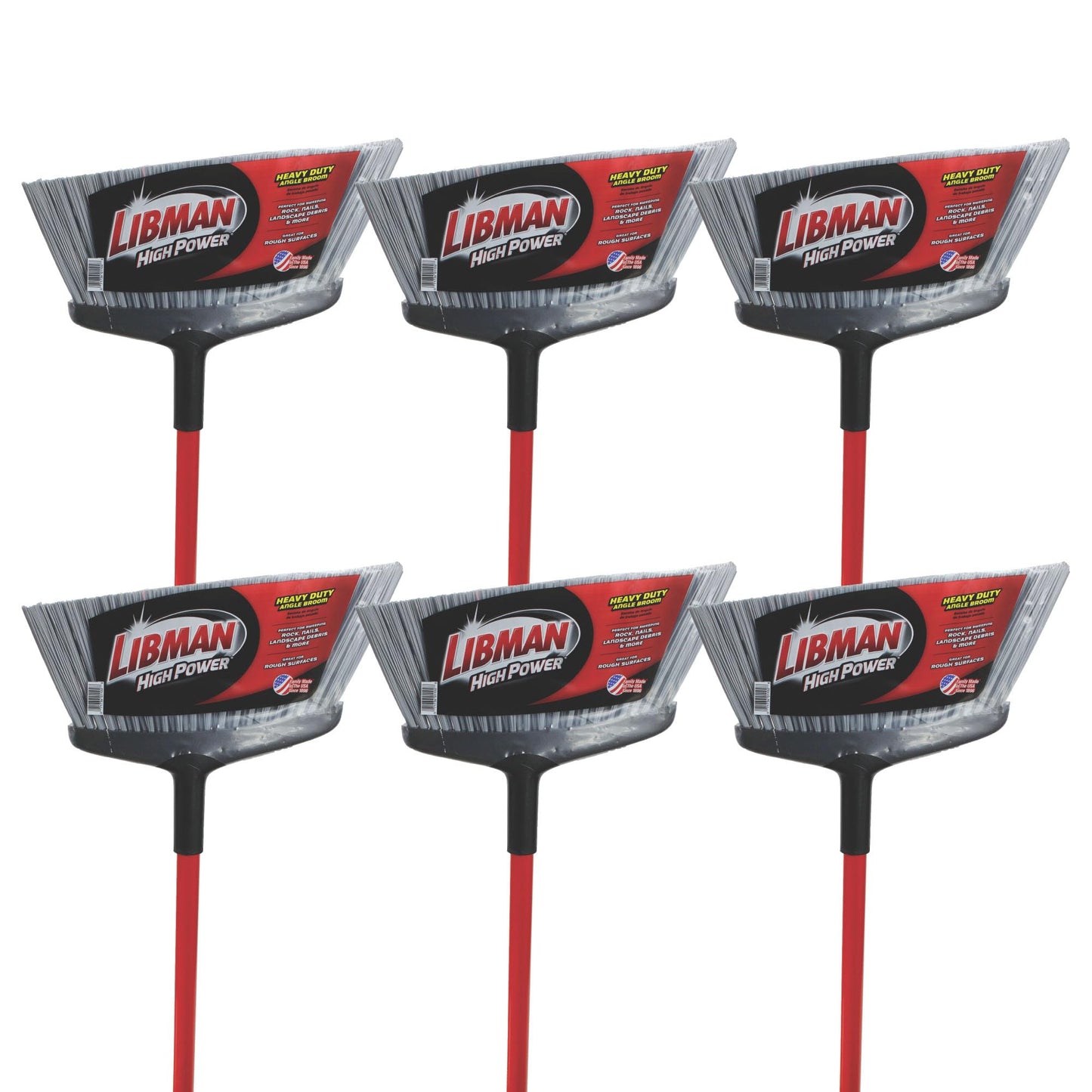 Libman Commercial 1102 Rough Surface Angle Broom, 15" Wide, Steel Red Handle and Gray Bristles (Pack of 6)