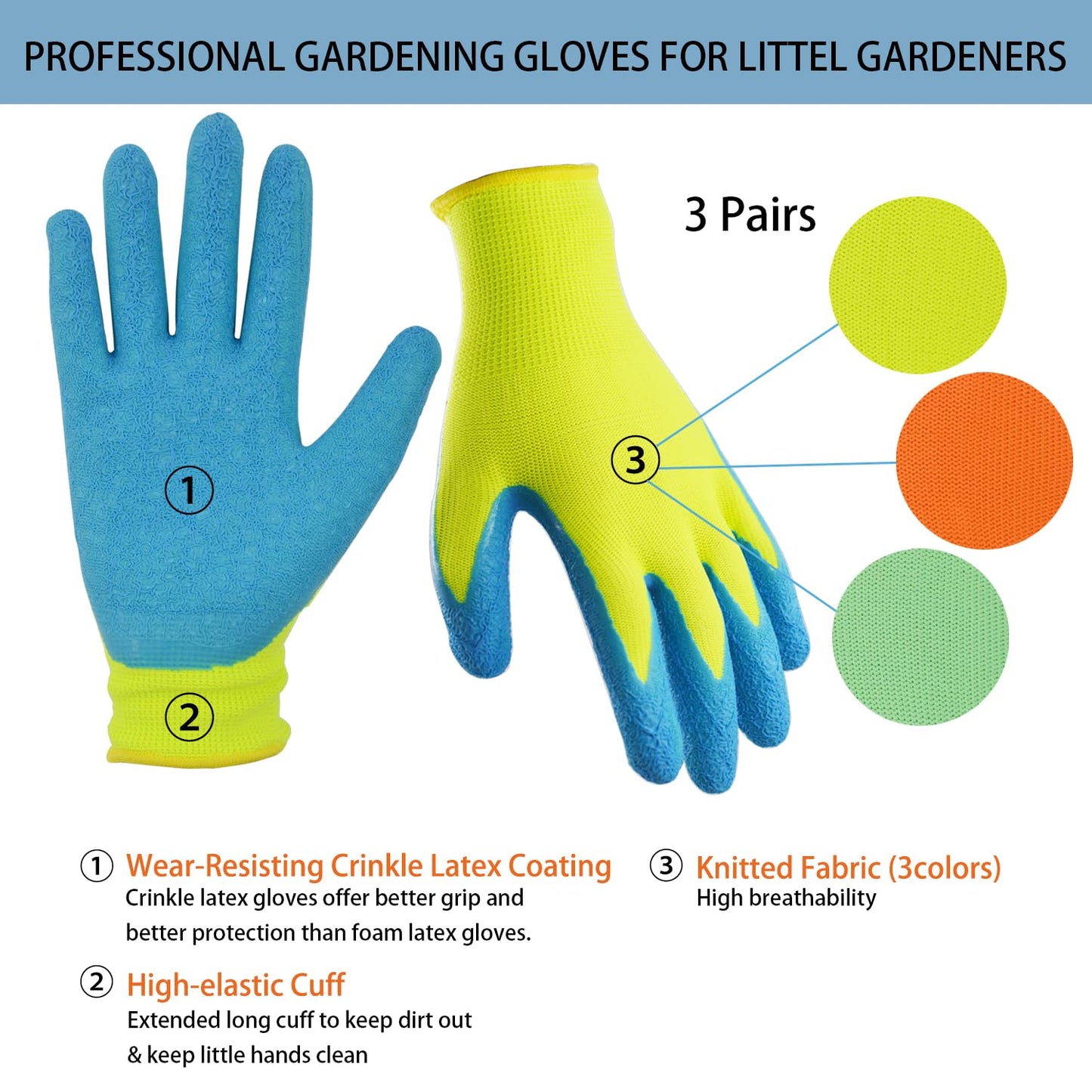 SECHAND Kids Gardening Gloves, 3 Pairs Non-Slip Garden Gloves for Toddlers, Preschoolers, Schoolchildren, Preteen, Childrens Rubber Coated Yard Work Gloves, Size 4 (Age 7-8)