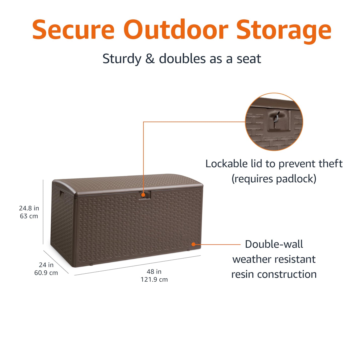 Amazon Basics Outdoor Storage Deck Box, Lockable, Weather-Resistant, 99 Gallon, Brown, for Patio Cushions, Gardening Tools, Pool Accessories