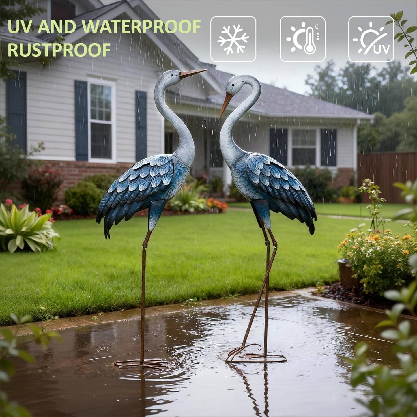 Kircust Outdoor Blue Heron Statues Metal Garden Crane Sculptures, Bird Yard Art Large 47-48 Inch, Set of 2, for Pond & Lawn Garden Decor, Gifts for Women, Men, Friends