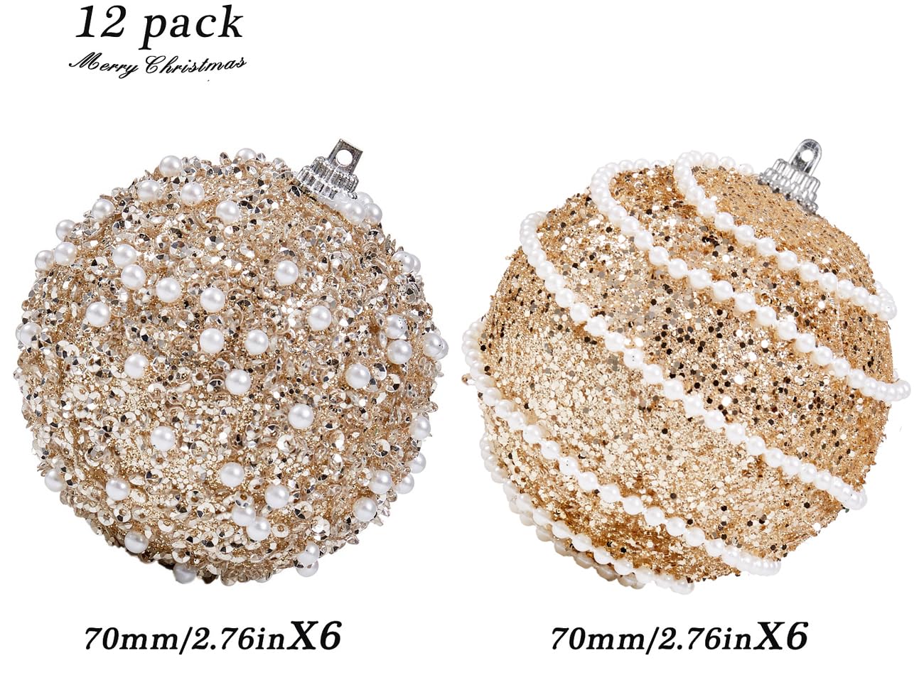 Champagne Gold Christmas Ball Ornaments, Christmas Ball Decorations Shatterproof Plastic Hanging Pearl Balls for Holiday Party(70mm/2.76", 12ct)