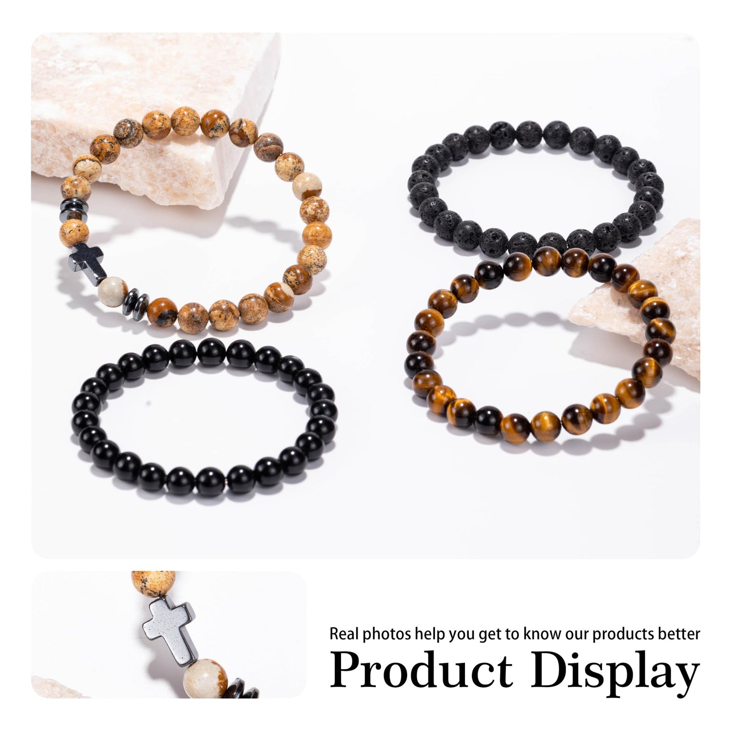 Crystery Men Beaded Bracelets, 8mm Natural Stone Bracelet, Healing Crystal, Jewelry Gifts for men, Triple Protection, Picture Stone, Tiger Eye, Black Obsidian Beads Bracelets, Lava Rock, Pack of 4