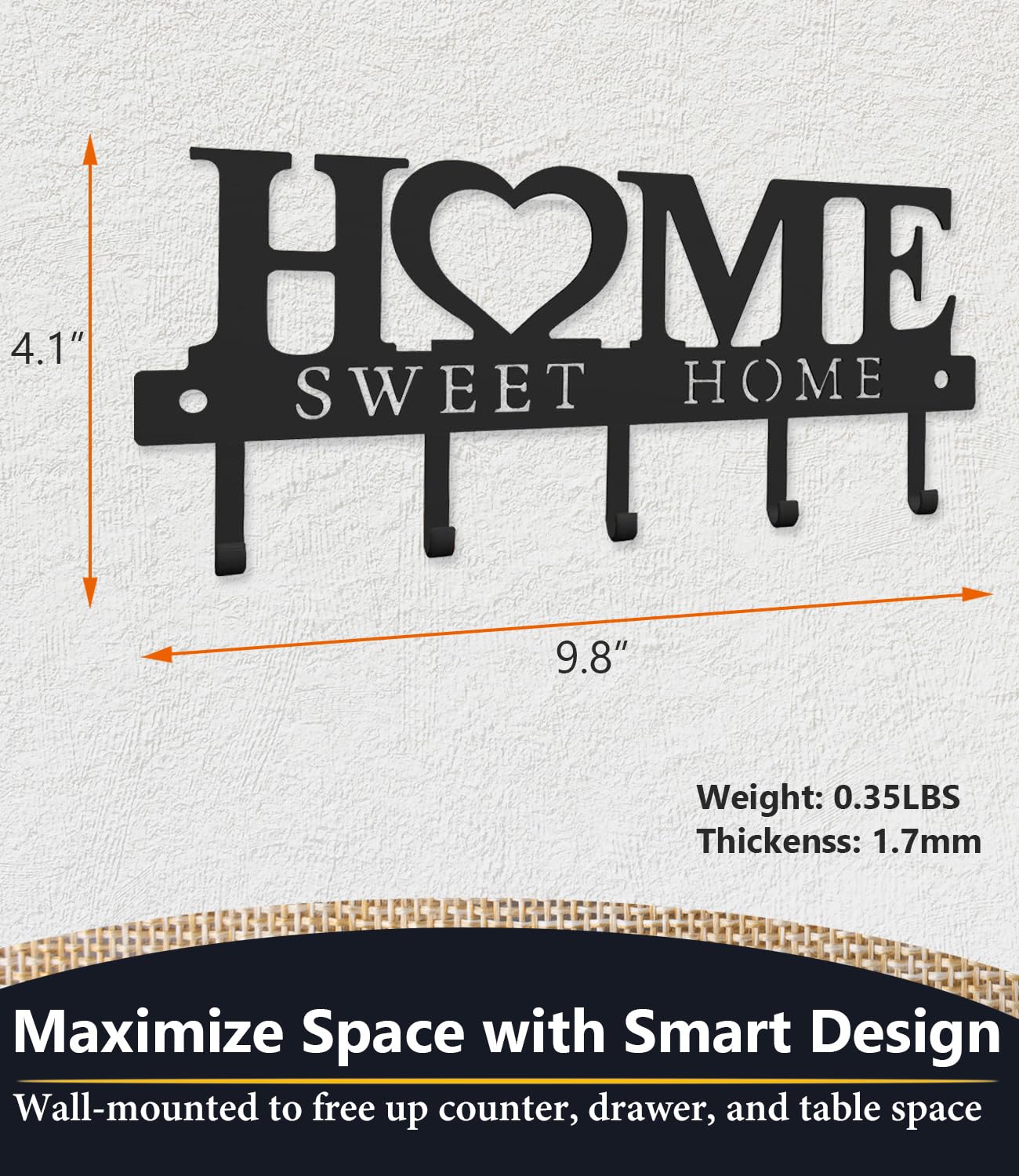 Key Holder Hooks Organizer Hanger Rack Wall Mounted Sweet Home Metal Decor Stylish and Practical for Entryway Front Door Kitchen Hallway Garage Mudroom Office 9.8inches/25cm Hardward Included Black