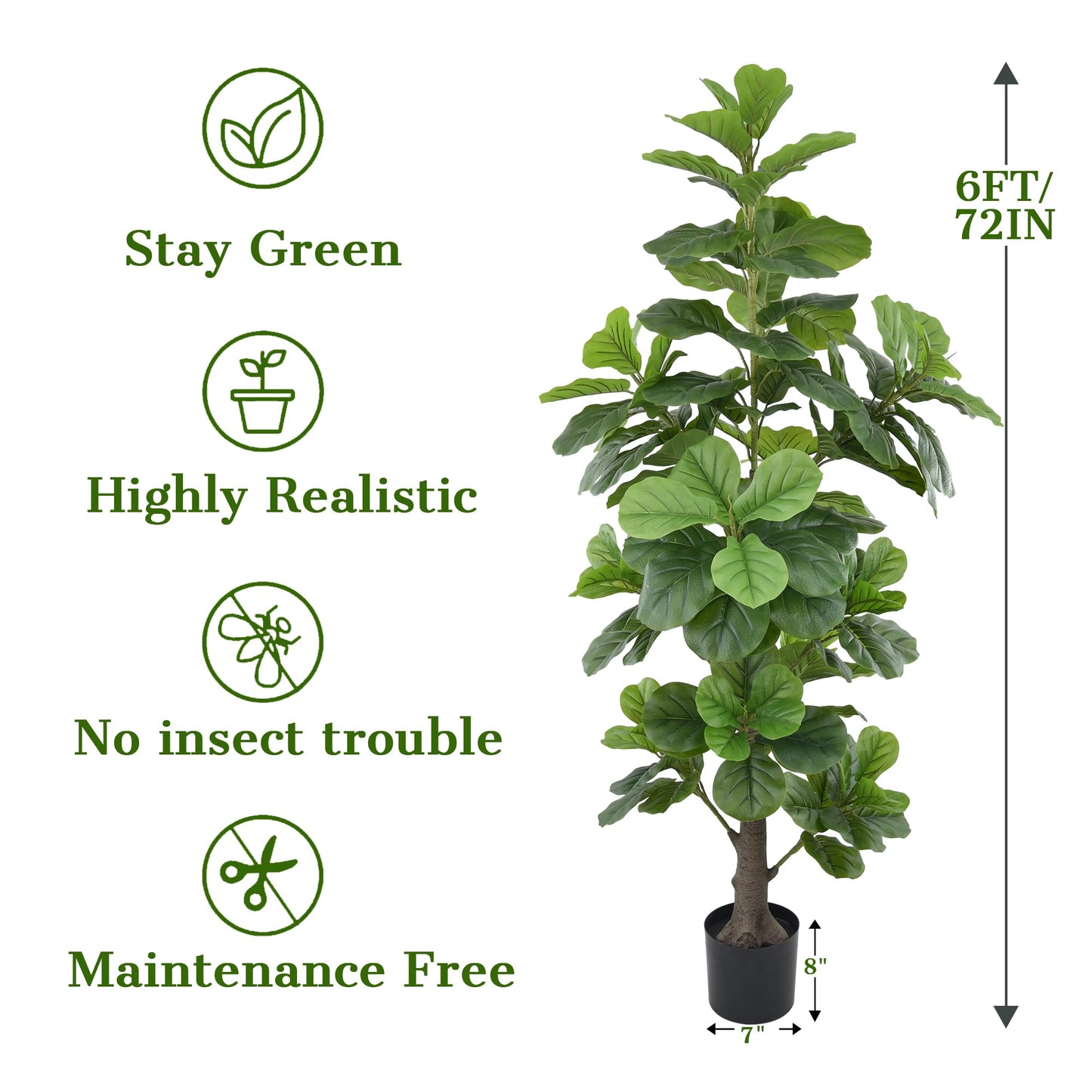 Artificial Fiddle Leaf Fig Tree 6ft - Tall Faux Ficus Lyrata Plant with Realistic Leaves and Large Trunk, 72" Fake Fig Tree in Pot for Home Living Room Office Porch Indoor Decor Perfect Housewarming