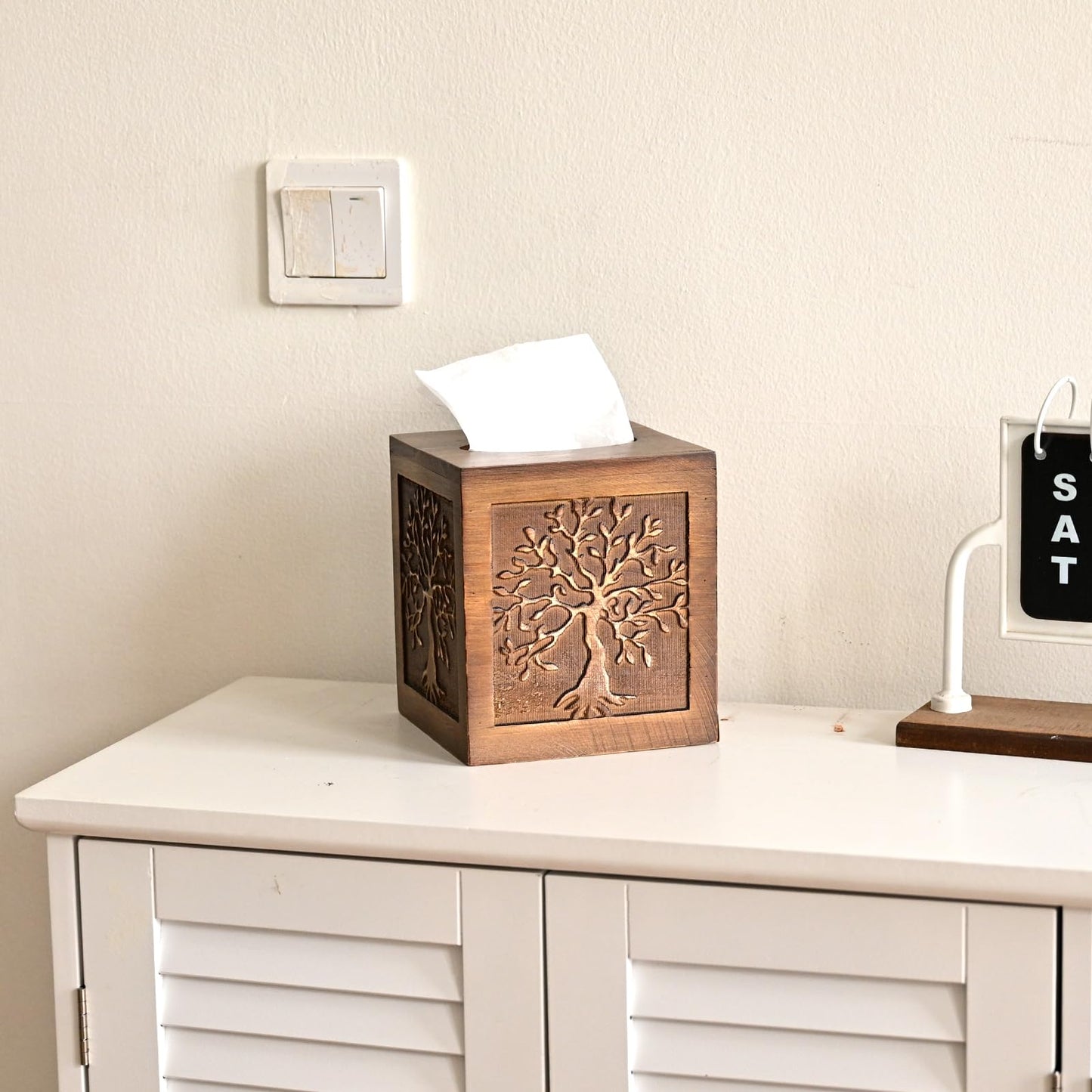SwallowLiving Upgraded Large Tissue Box Cover Square - Decorative Wooden Tissue Holder with Sliding Bottom, Tree of Life Farmhouse Decor for Bathroom, Office Living Room, Fits Most Cube Tissues, Brown