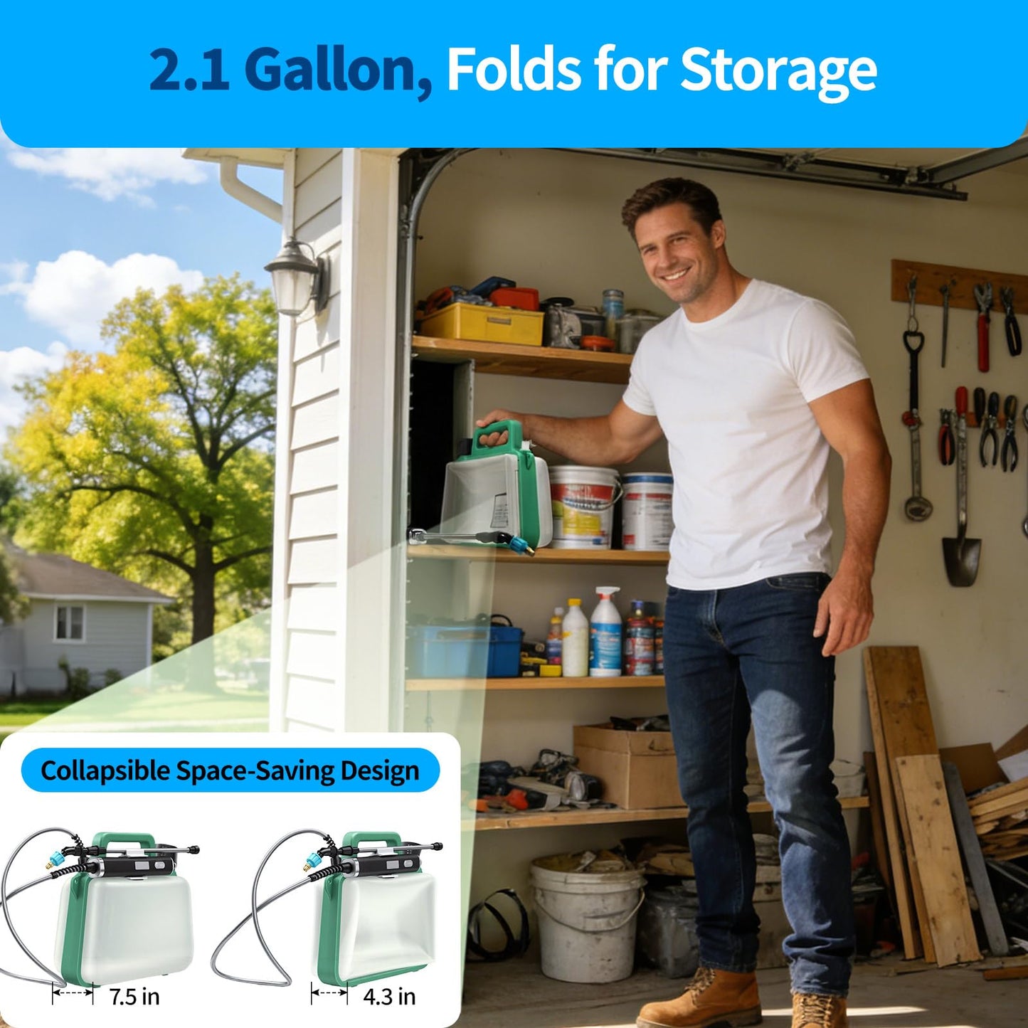 VASG Battery Powered Sprayer 2 Gallon, 7.4V Foldable Electric Pump Sprayer, Weed Sprayer with Waterproof Rechargeable Handle, 5 Mist Nozzles, Retractable Wand, Adjustable Strap for Lawn, Garden, Yard