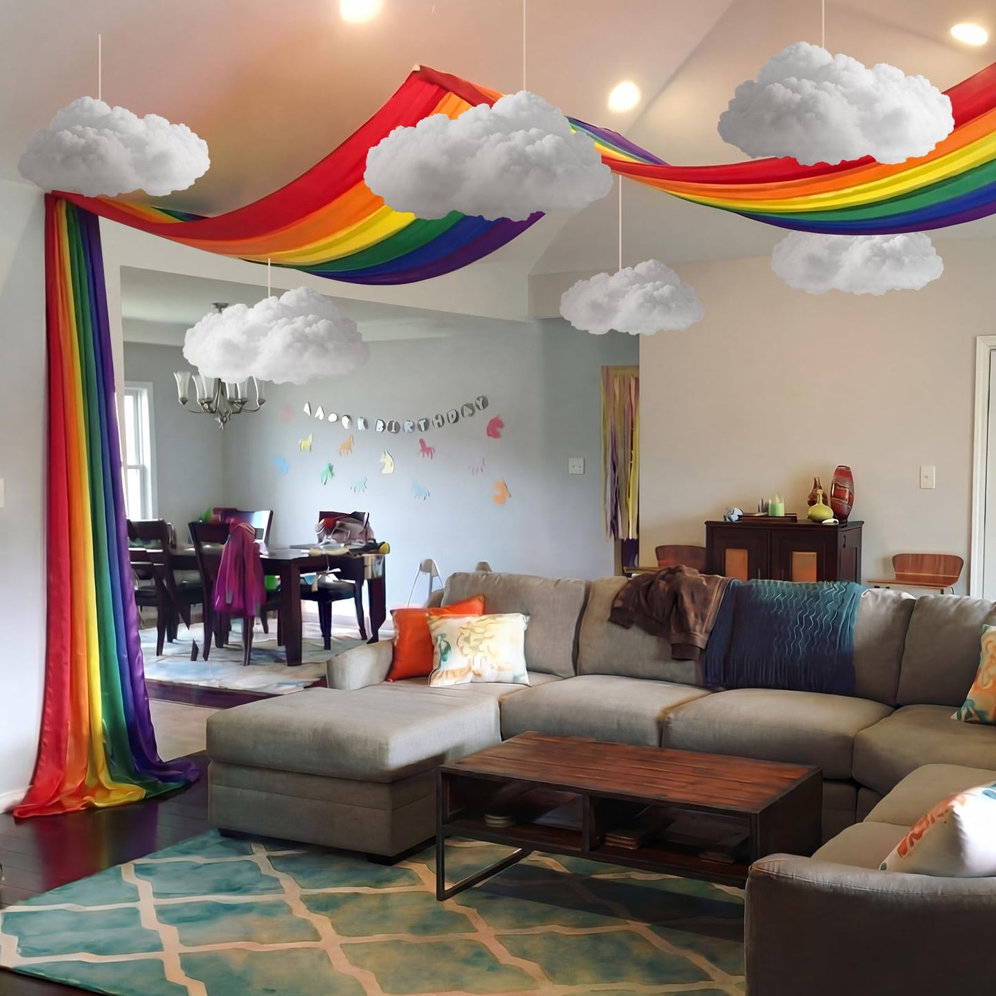 Teyva Daily 7 Pcs Rainbow Party Ceiling Decorations Kit 13.12 x 4 ft 3D Rainbow Ceiling Hanging Bunting Banner Decorations with 6 Pcs Clouds Hanging Decor for Classroom Birthday Nursery Daycare Decor
