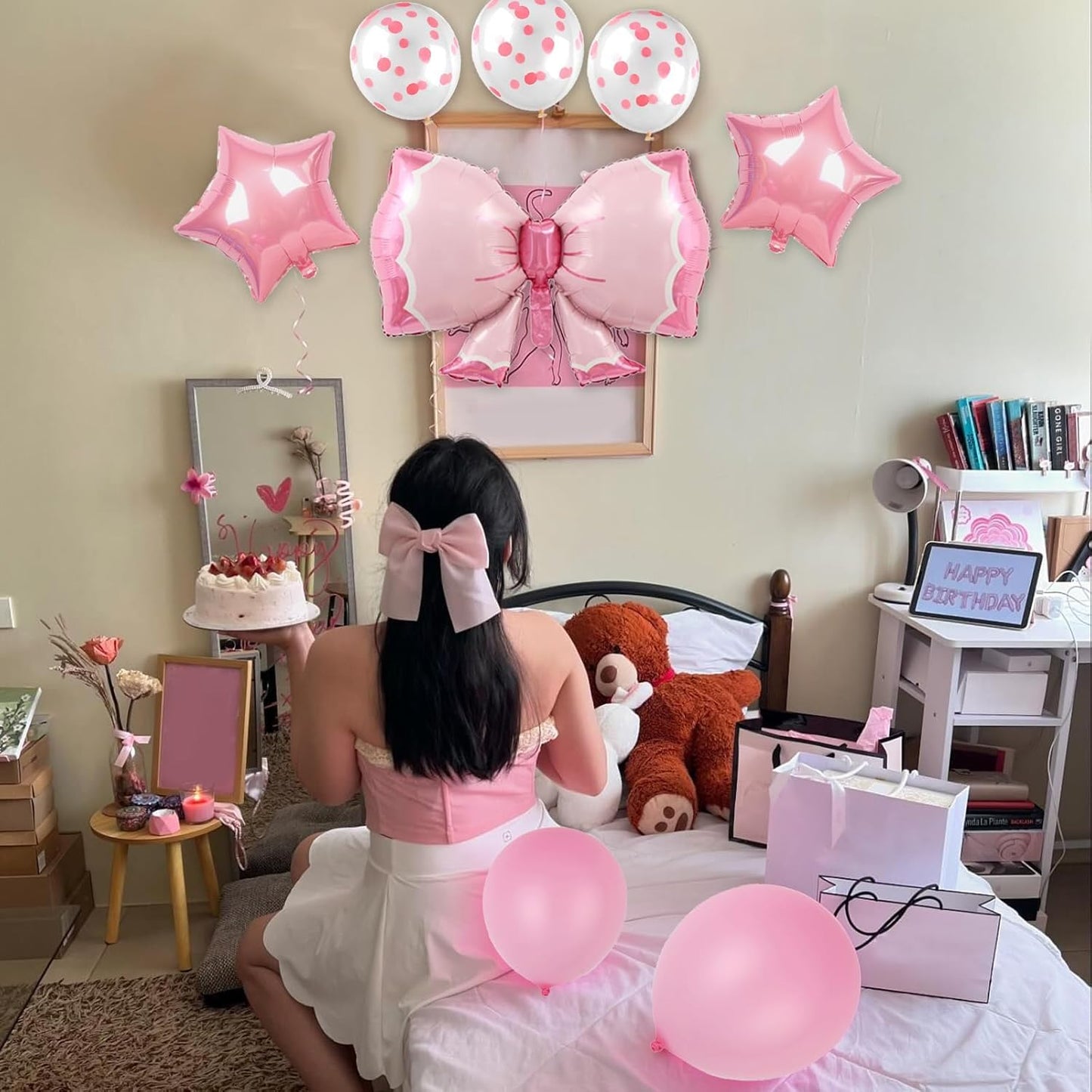 Phoaxul Cute Pink Bow Birthday Decorations for Girls, Glitter Happy Birthday Banner, Bow Balloons, Pink Party Decorations for Women, Baby Girl Shower, Princess Bday Party Supplies