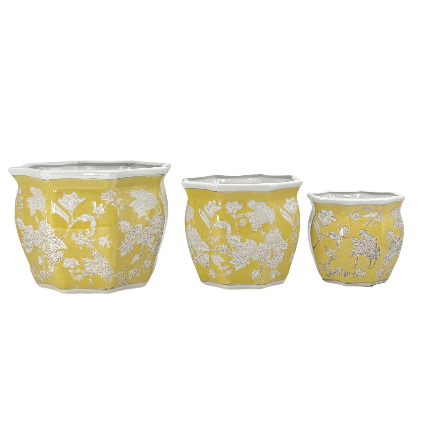 Galt International Yellow & White Round Fluted Floral Porcelain Ceramic Plant Flower Planter Pot Set of 3 (7.5", 10", 13") Garden Pots Chinese Asian Design