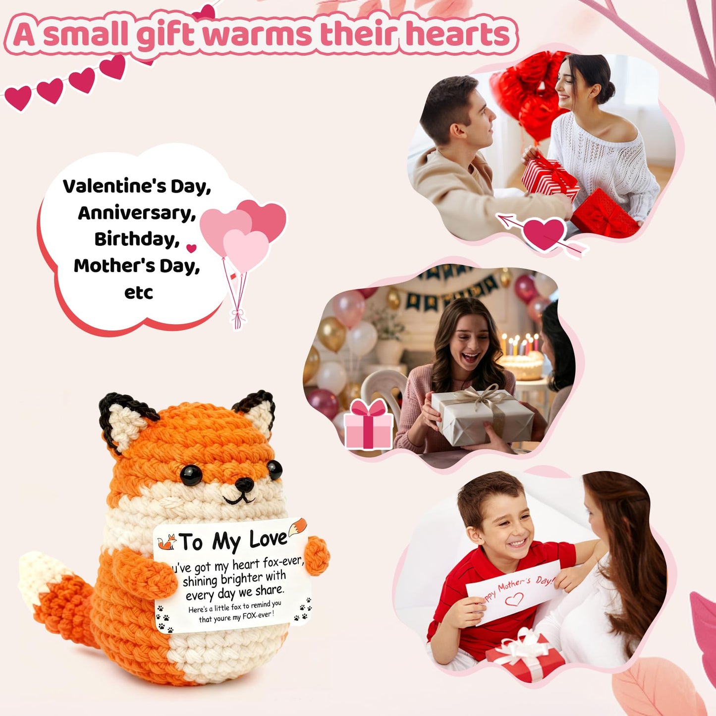 Handmade Crochet Fox - Romantic Emotional Support Gift for Husband, Wife, Boyfriend, Girlfriend - Anniversary, Valentine's Day, Xmas, Birthday Present for Him or Her - Cute Knitted Décor Keepsake